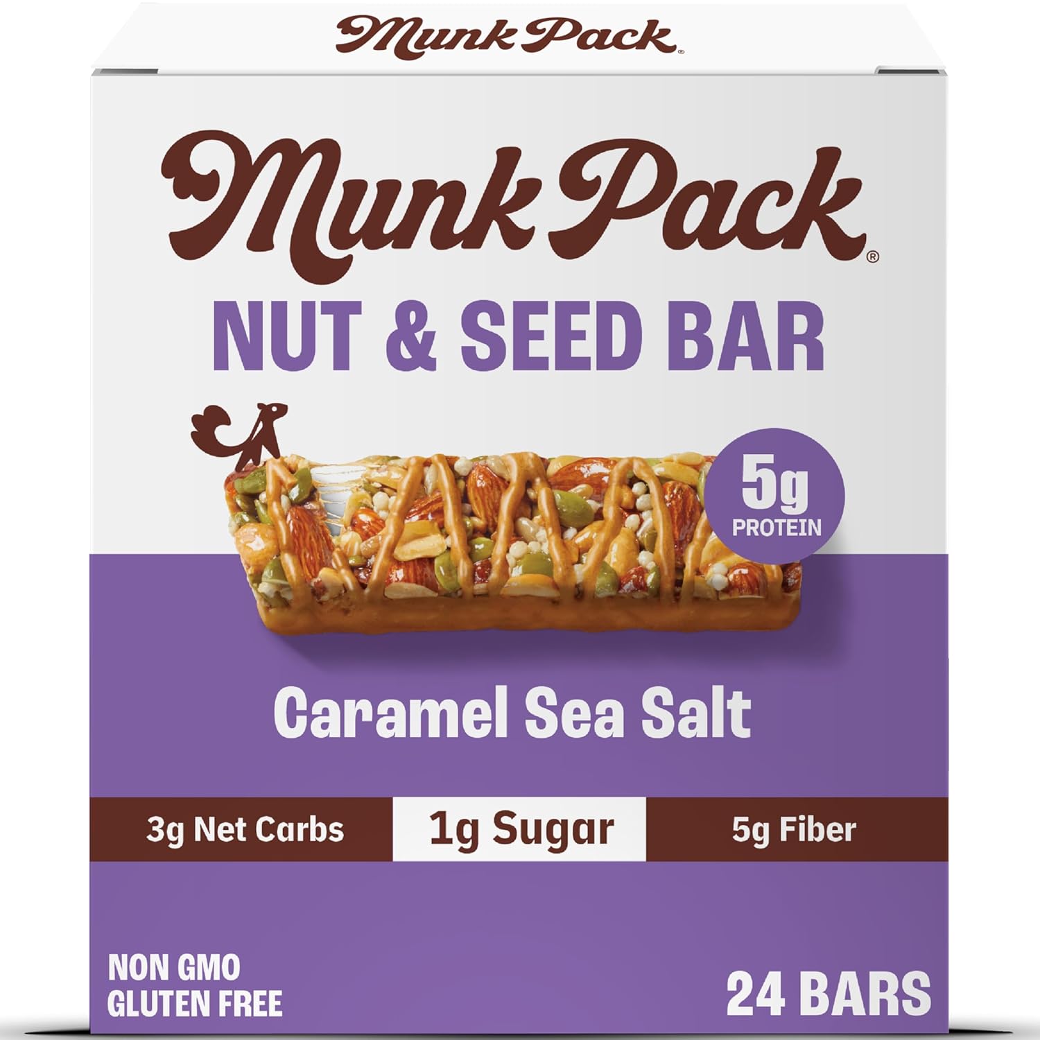 Munk Pack Fiber Nut Bars, Caramel Sea Salt, Prebiotic Probiotic GLP-1 Snack, 5g Fiber, Gut Friendly Allulose, Plant Protein, Gluten Free, Keto, No Sugar Alcohol, 3g Net Carb, 24 Count