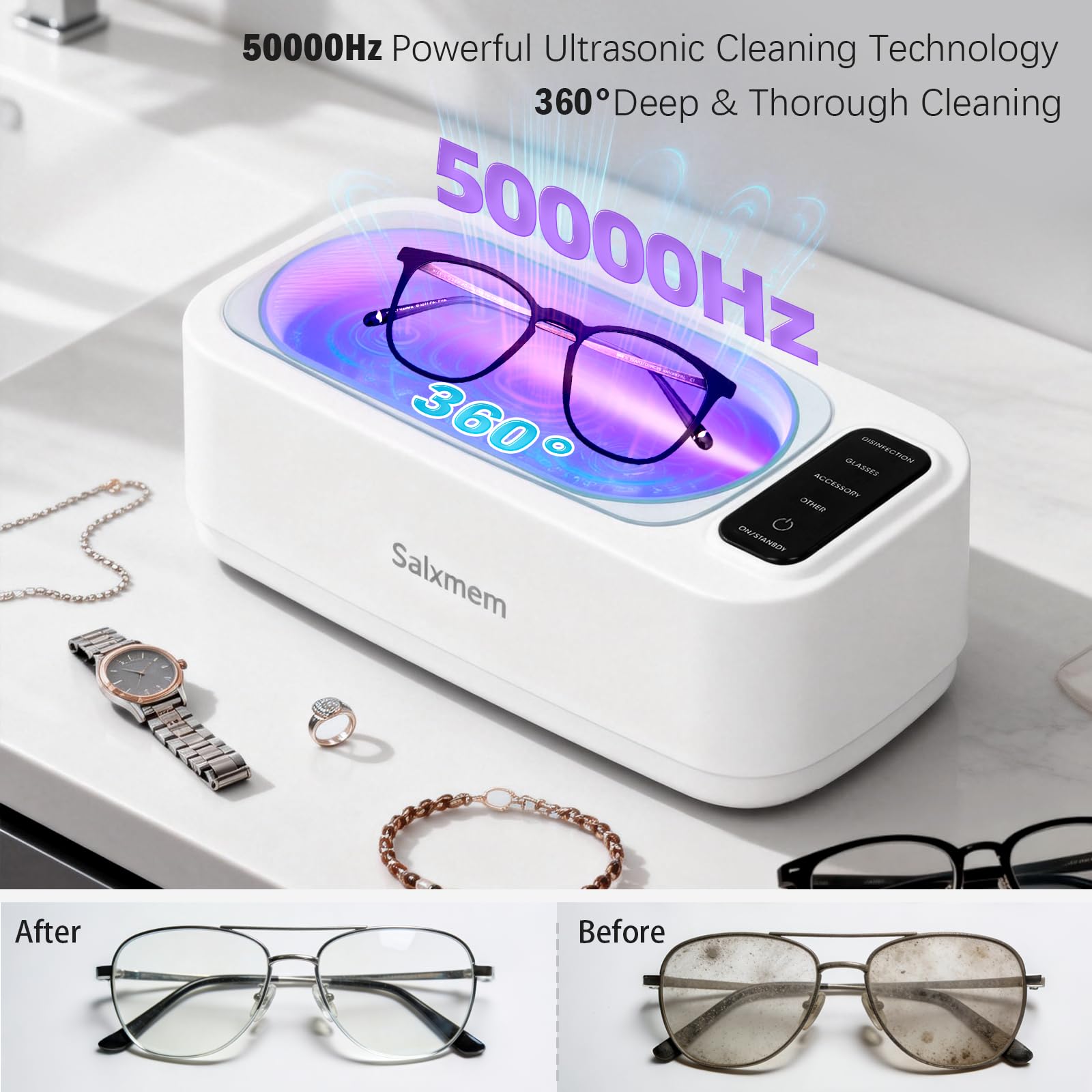 Limpiador ultrasónico de joyas, limpiador ultrasónico de 50 KHz, 350 ml, máquina limpiadora ultrasónica portátil con 3 modos de temporizador para retenedores, joyas, plata, gafas, dentaduras