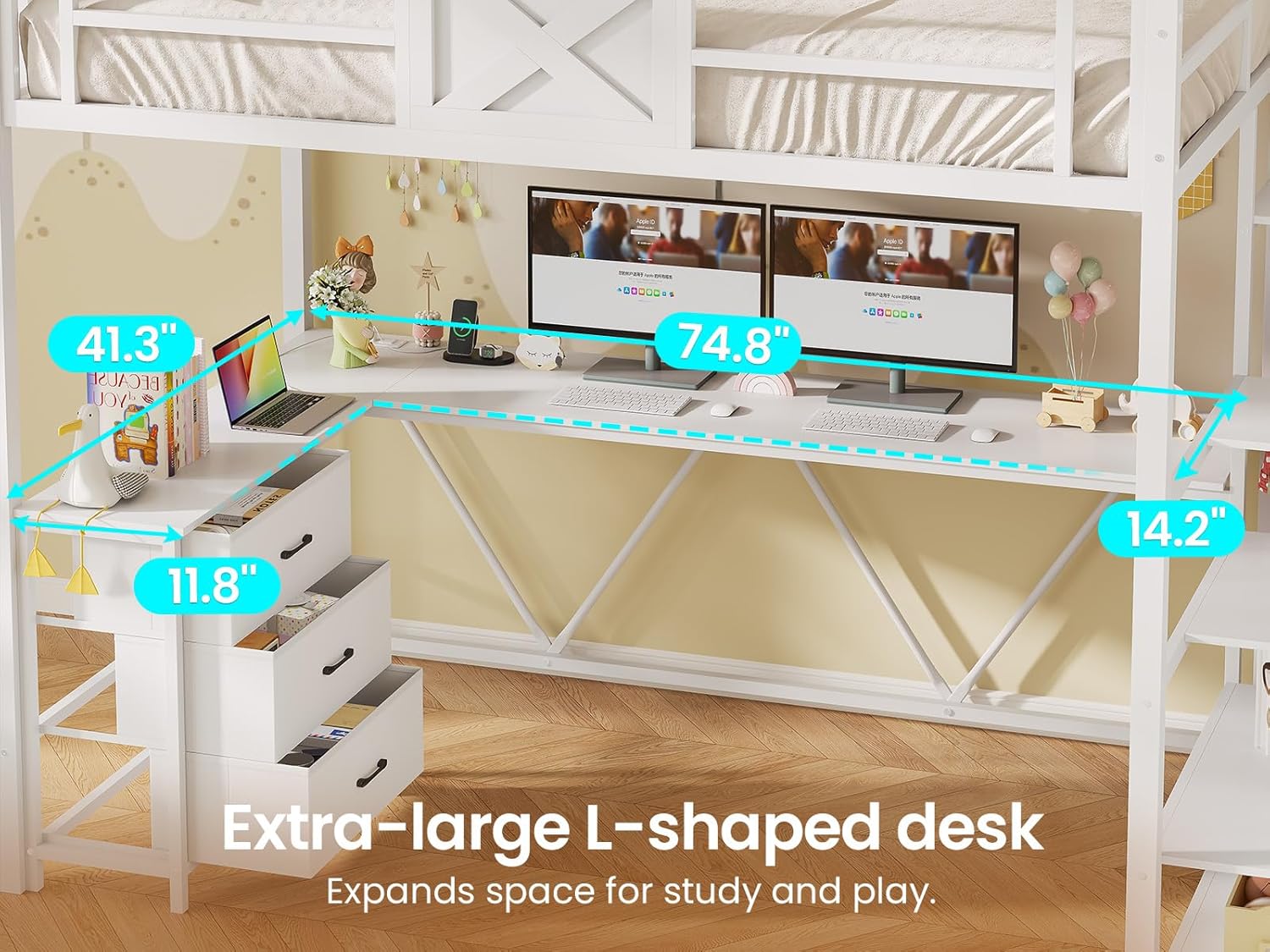 Itaar Stairway Twin Size Loft Bed with L Shaped Desk and Wardrobe, Metal Loft Bed Frame with Stairs, 3 Fabric Drawers, LED Lights & Charging Sation, No Noise & No Box Spring Needed, White
