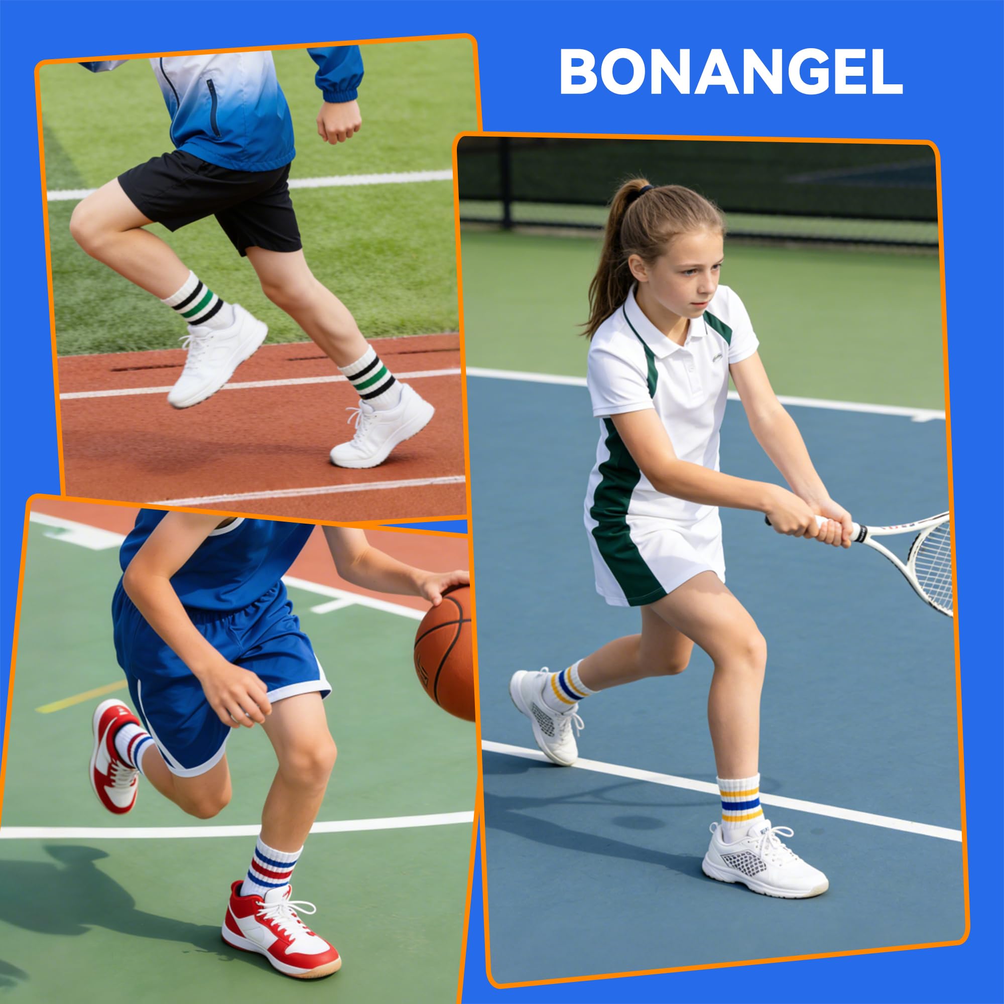 BONANGEL Skarpetki dziecięce dla dzieci 31-34 35-38, skarpetki do tenisa w paski dla chłopców i dziewczynek bawełniane skarpety sportowe dla mężczyzn i dziewcząt 7-14 lat, 6 par