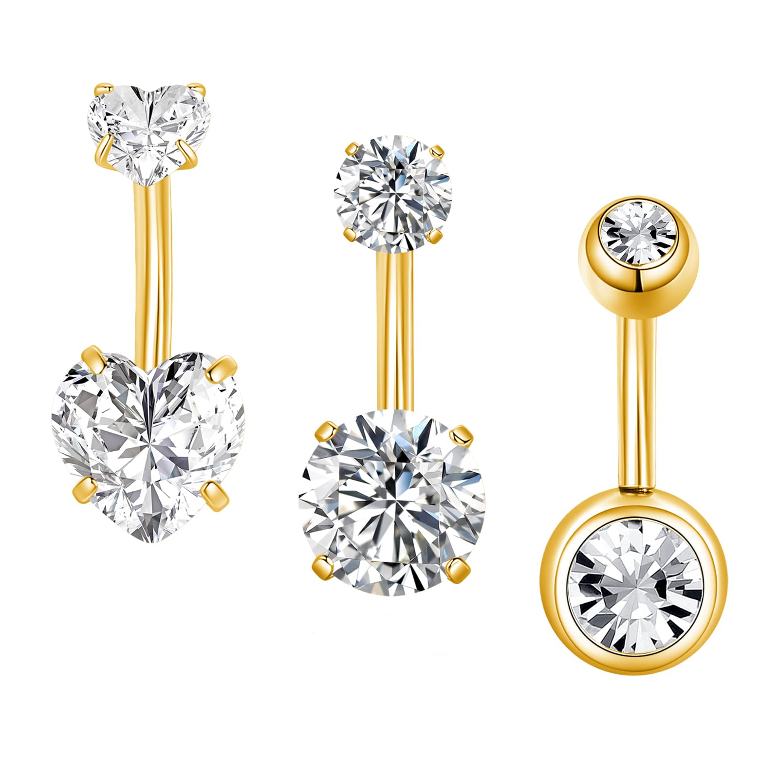 Besyvvin 6MM Oro Piercing Ombligo Acero Inoxidable 316L 14G - Corazón De Circonio Cúbico Brillante - Longitud 6MM Barra Curva Piercing Ombligo Oro