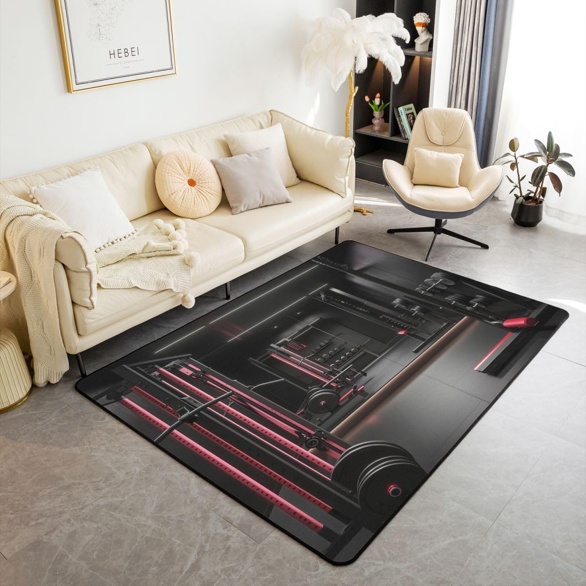 Workout Room Large Area Rug 5×7 Gym Exercise Tool Living Room Rug | Dumbbells Equipment Sport Rugs for Bedroom, Barbell Sport Theme Low Pile Carpet Indoor Floor Mat, Boy Room Decor