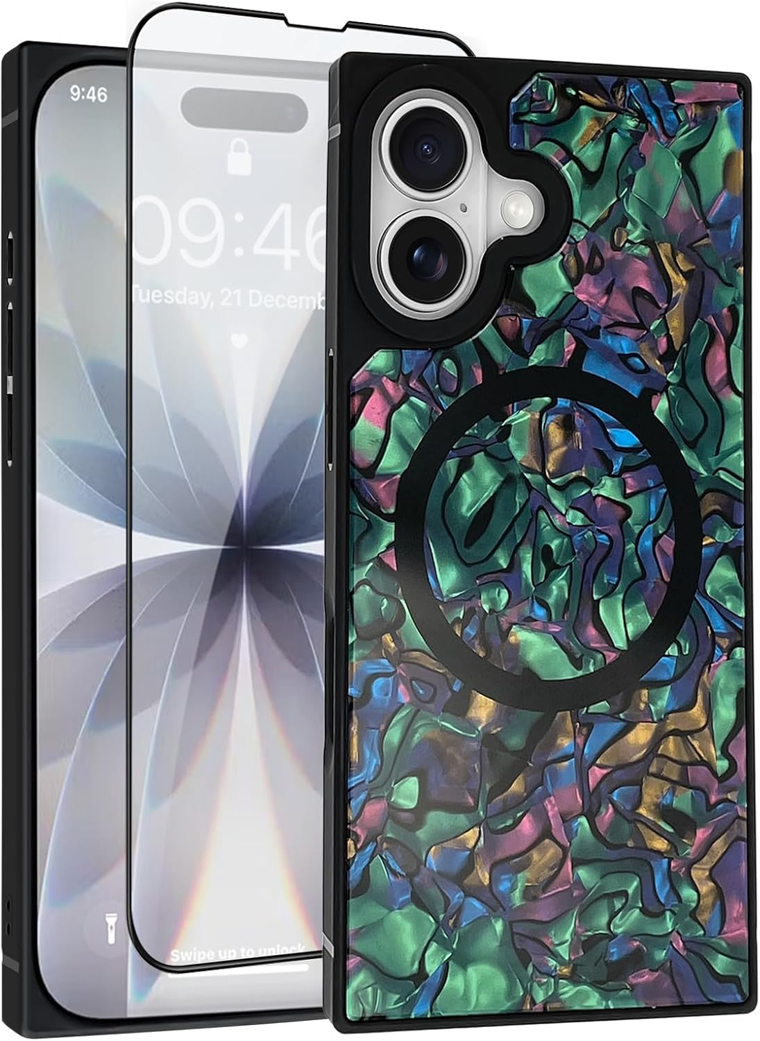 AIGOMARA Magnetic Rectangle for iPhone 17 Case, Compatible with Magsafe Luxury Sparkle Opalescent Pearl for Women Girls Glossy Glitter Protective Phone Cover with Screen Protector, Purple