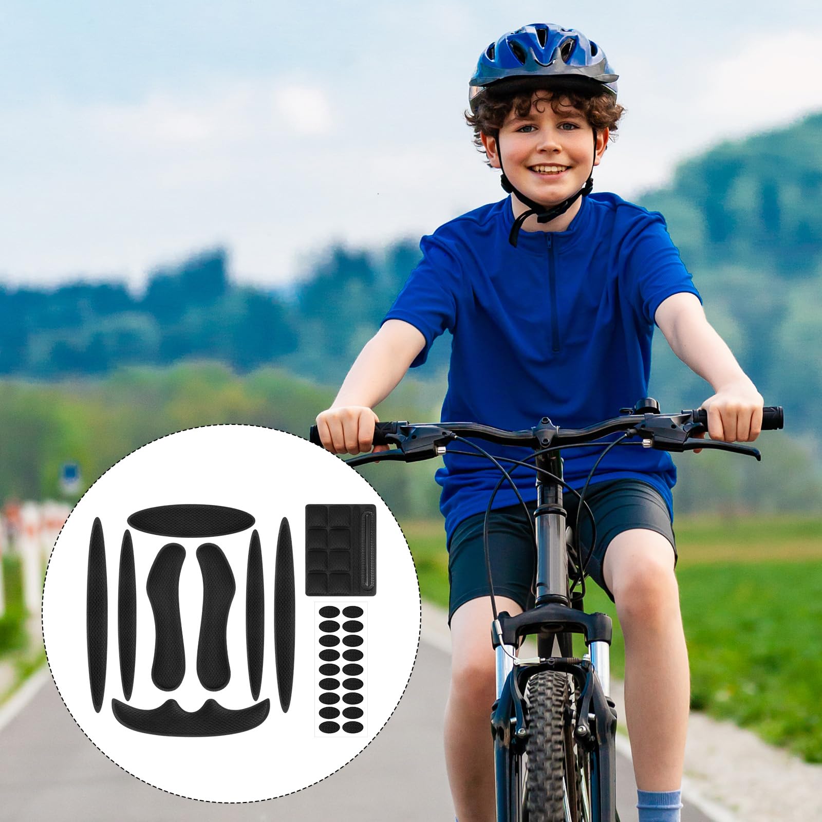 Imbottitura Casco Bici Set da 2, Cuscinetti in Schiuma con Kit di Chiusura a Strappo, Imbottiture di Ricambio Universali per Caschi da Bici, Accessori Casco Nero