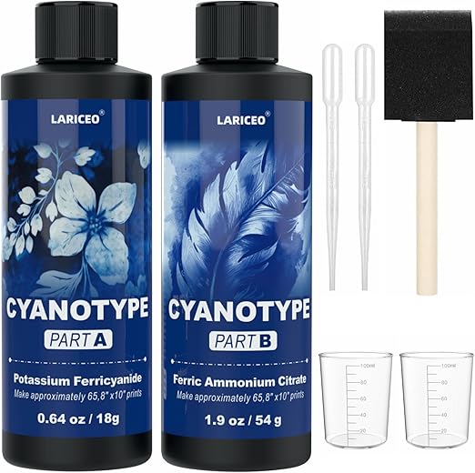 16oz Cyanotype Sensitizer Kit with 2 Droppers, Sponge Brush, Easy to Store Cyanotype Chemicals Dye Powder for Photographic Blueprints on Paper and Fabric, Sun Printing Kit for Beginners and Artists