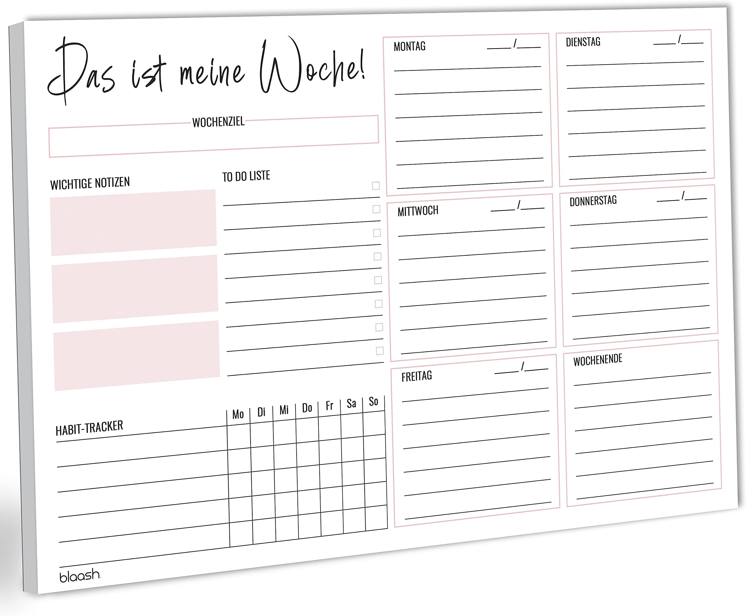 blaash Weekly Planner Pad 2021, DIN A4, Pink, 50 Pages