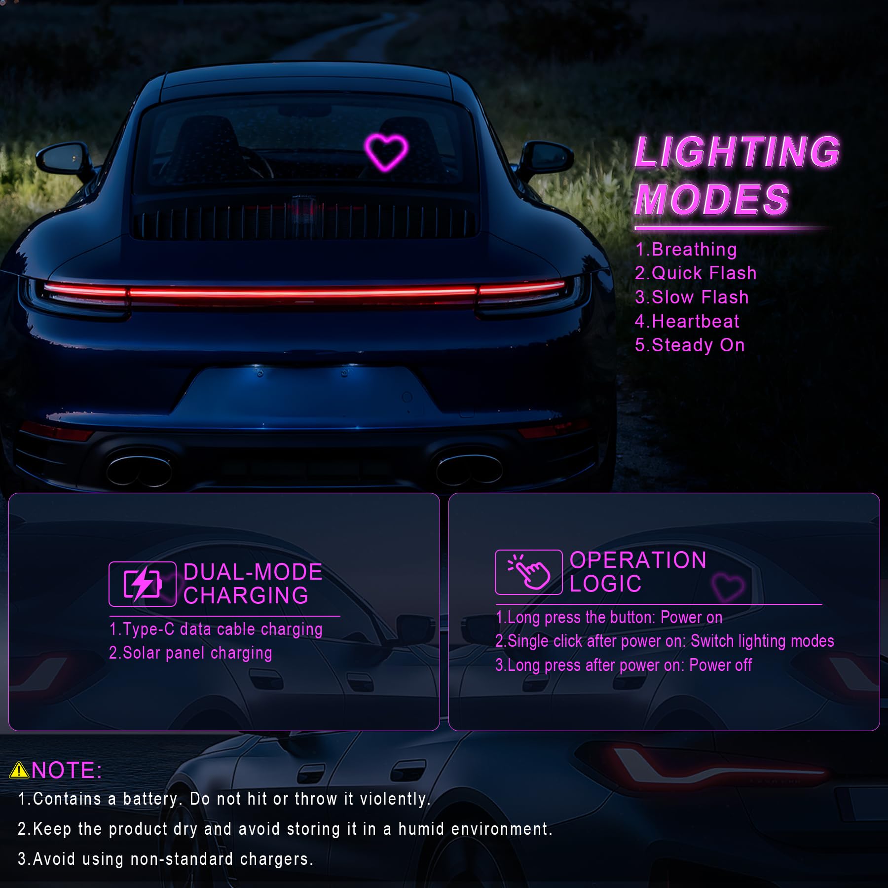 Car LED Interior Lights Heart-Shaped Ambient Light for Windows 5 Lighting Modes Charging Through Type-c and Solar Energy — view 5