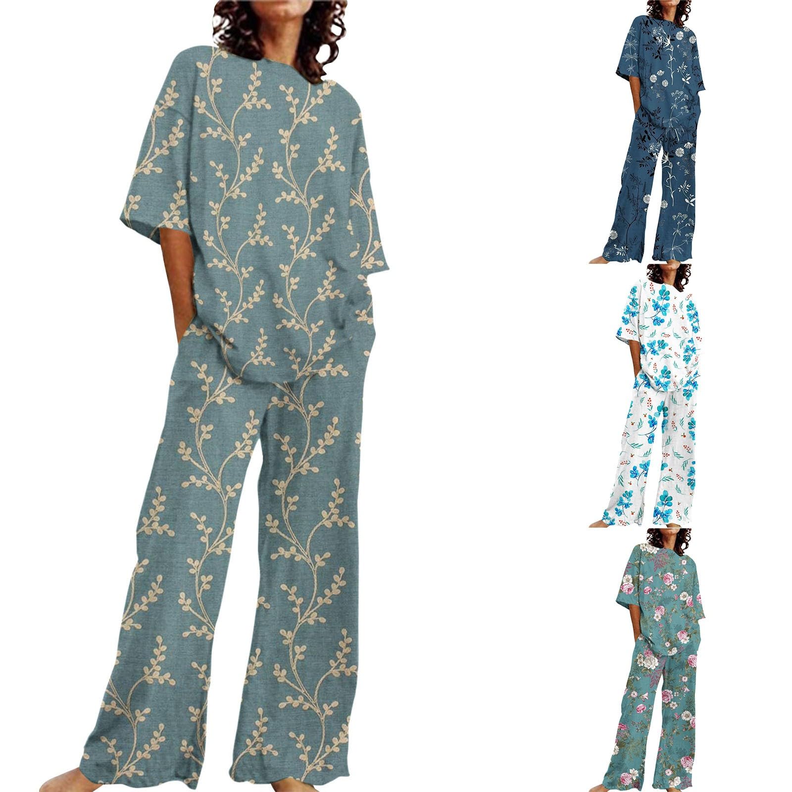Ensemble de pyjama complet pour femme - Imprimé plantes | Ensemble de nuit ample 2 pièces avec poches, manches mi-longues, col rond, haut de pyjama et pantalon de pyjama élastique