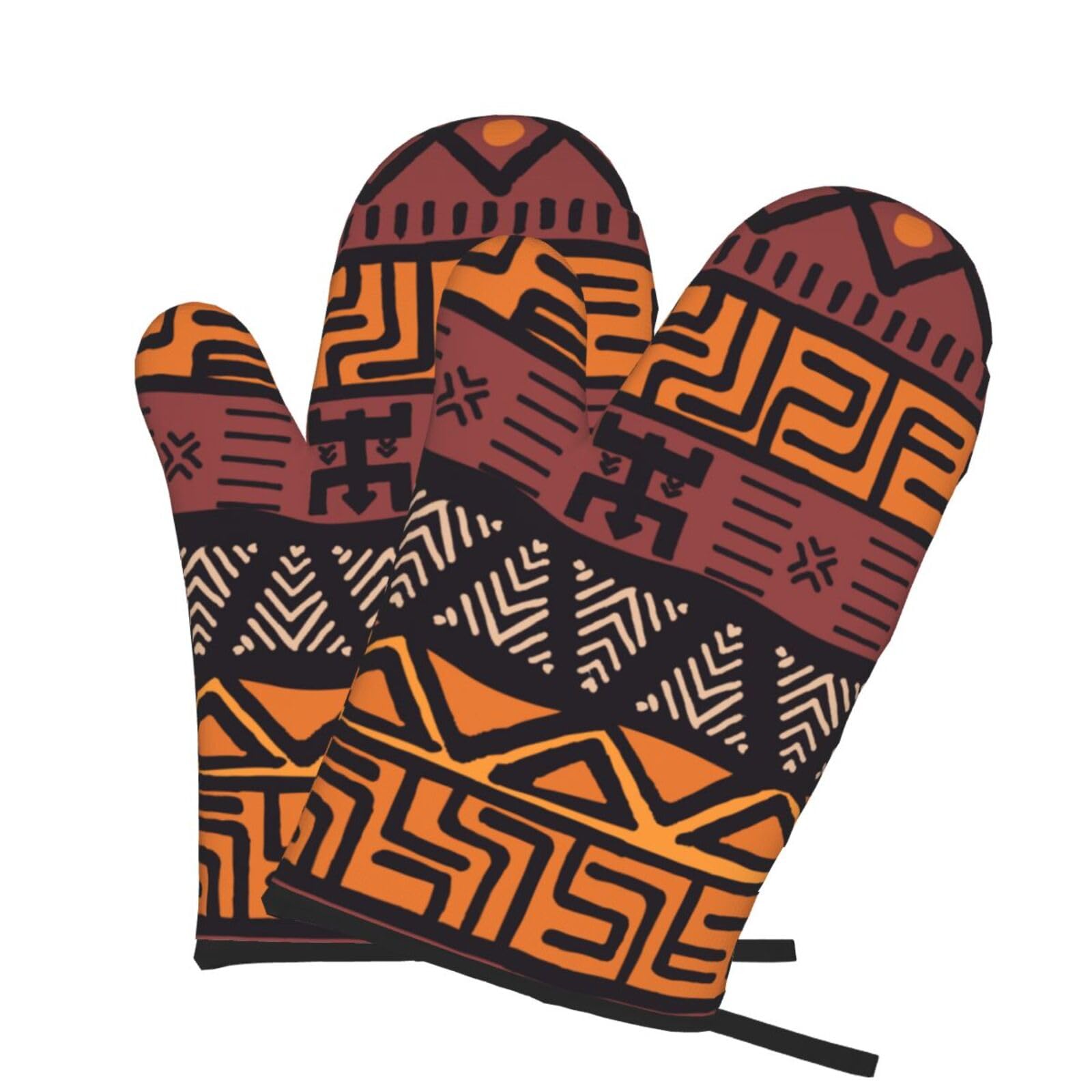 Oven Mitts Set of 2 Pcs, African Mud Cloth Tribal Prints Heat Resistant Kitchen Gloves for Cooking Baking Grilling