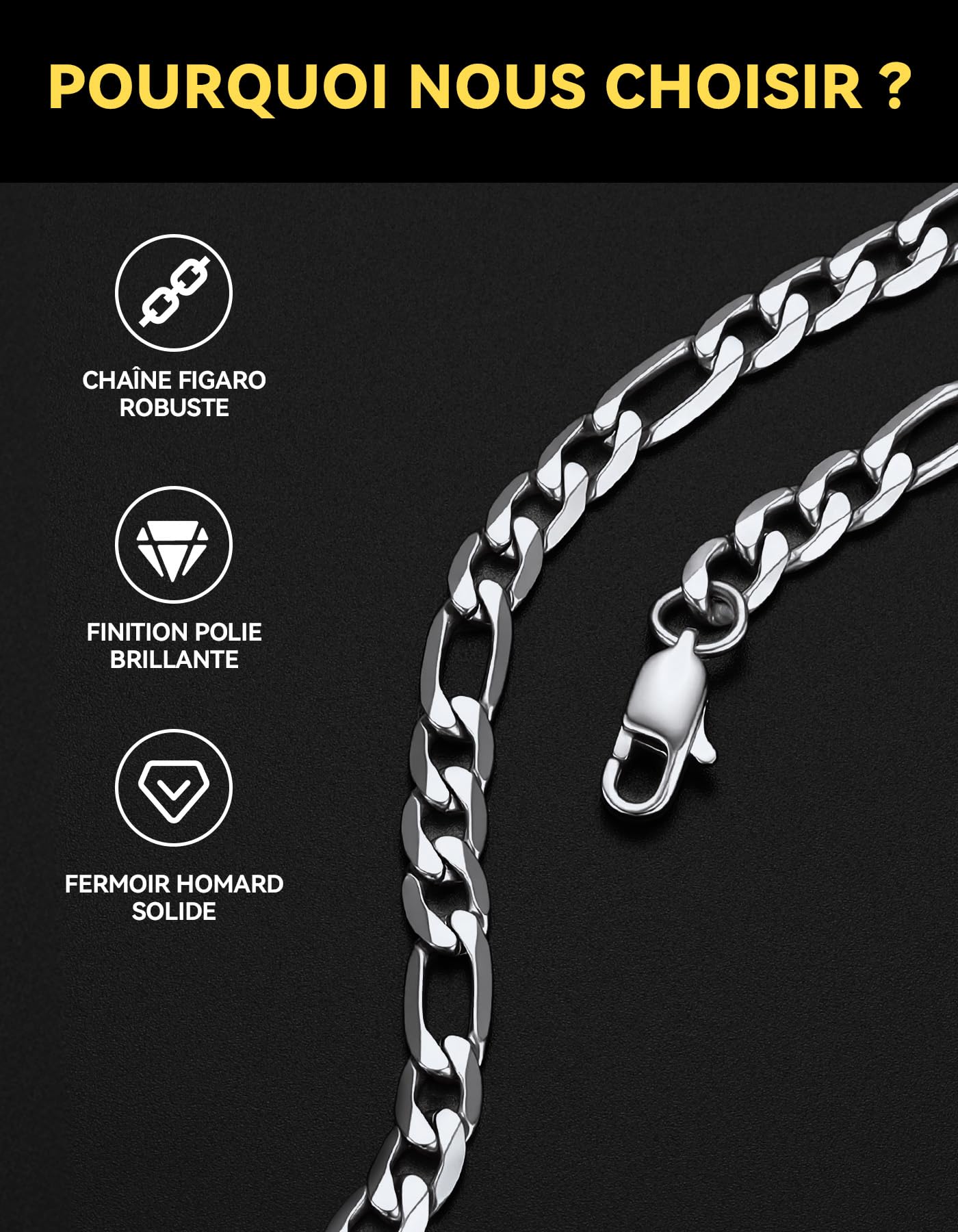 ChainsHouse Chaine Homme Figaro 1+3 Collier Homme Acier Inoxydable Maille Punk Femme Ras de Cou Petit Rock, 4/6/9/13mm Largeur,36-76cm Longeur, Argenté/Doré/Noir Chaîne Bijoux Cadeau Ami