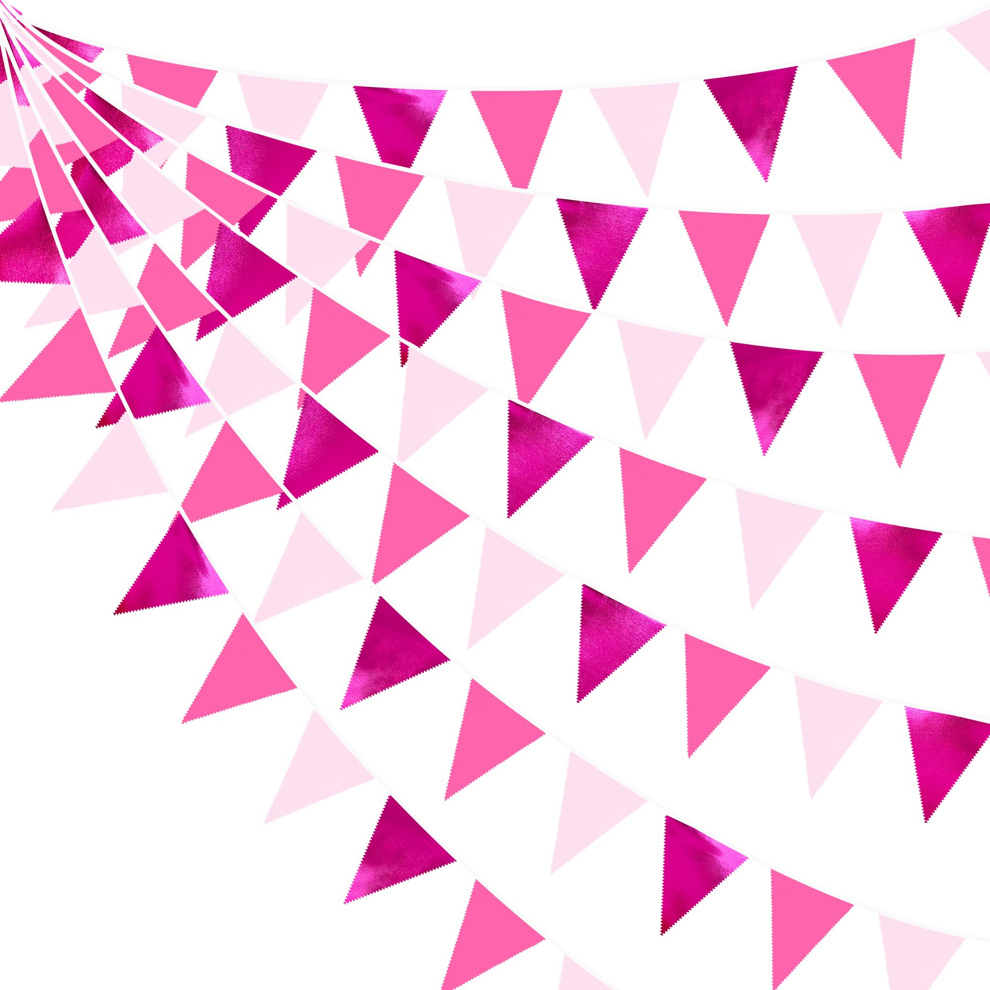 Bandera triangular de tela metálica rosa fuerte de 32 pies, banderines, guirnaldas y serpentinas para bodas, baby showers, cumpleaños, hogar, guardería, jardín, fiesta, decoración al aire libre