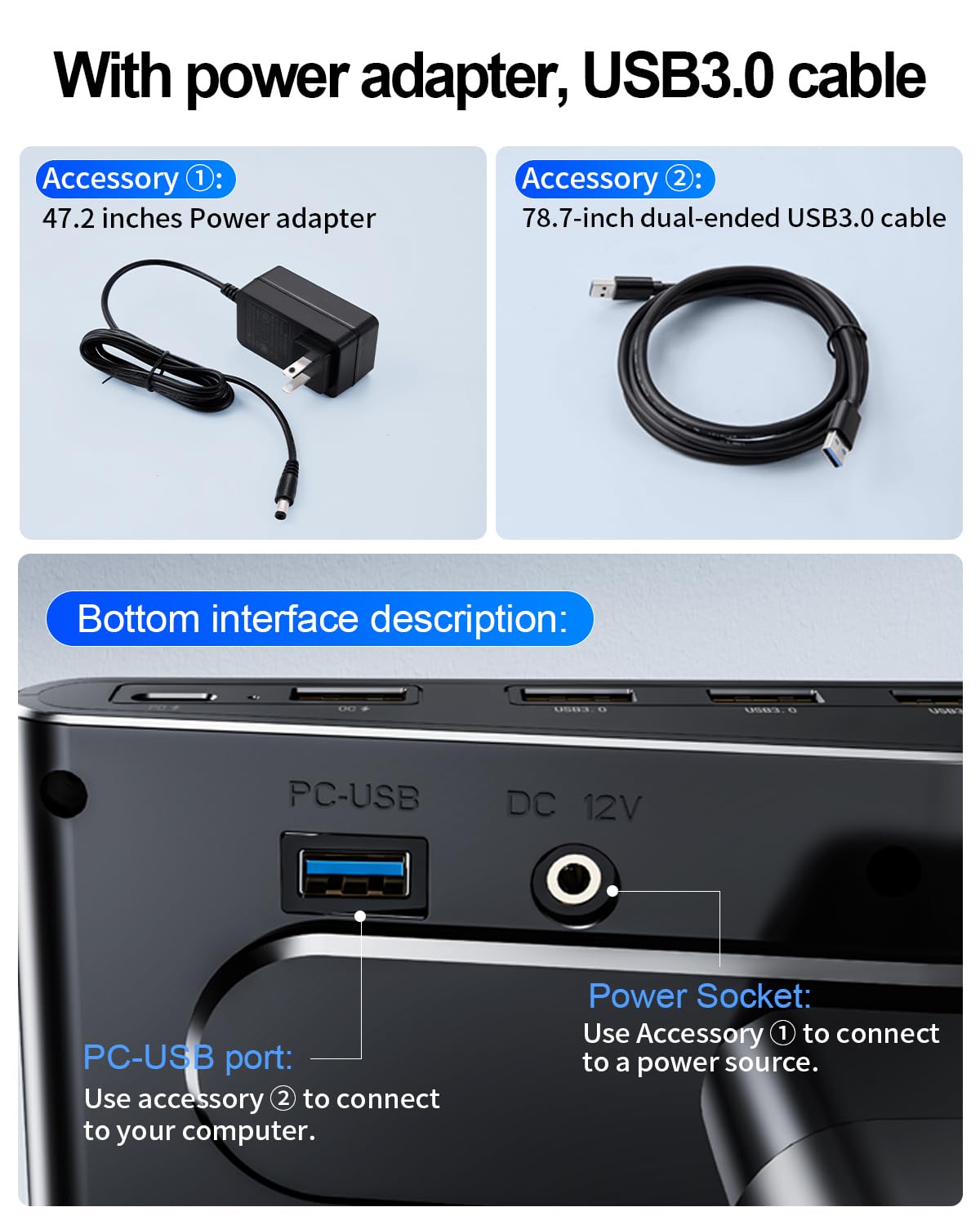 Support de moniteur d'ordinateur pour bureau avec chargement par concentrateur USB, station d'accueil USB C 30 W/5 Gbit/s avec alimentation, 11,2 à 14,4 cm réglable en hauteur avec support de