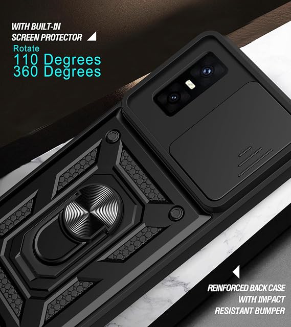 Infinix GT 30 pro 5G用ケース 強化ガラススクリーンプロテクター、スライドカメラウィンドウ、キックスタンド、耐衝撃性 傷防止 二層電話カバー、ブラック