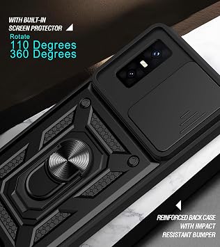 Infinix GT 30 pro 5G用ケース 強化ガラススクリーンプロテクター、スライドカメラウィンドウ、キックスタンド、耐衝撃性 傷防止 二層電話カバー、ブラック