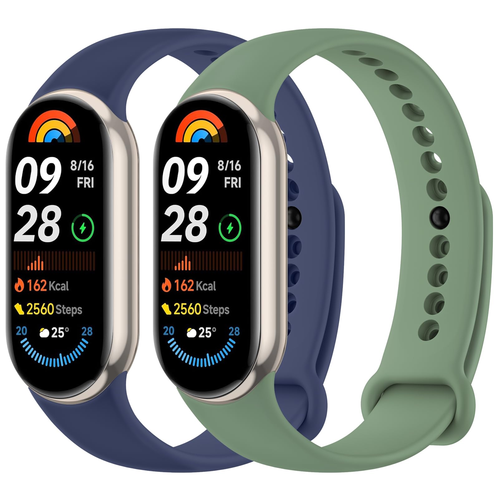 Mugust 2 Stück Armband für Xiaomi Mi Band 8/Xiaomi Mi Band 9/Xiaomi Mi Band 10 Armband, Weiches Silikon Atmungsaktiv Ersatzarmband für Xiaomi Mi Band 9/Mi Band 8 Armband (Kieferngrün+Abyss Blau)