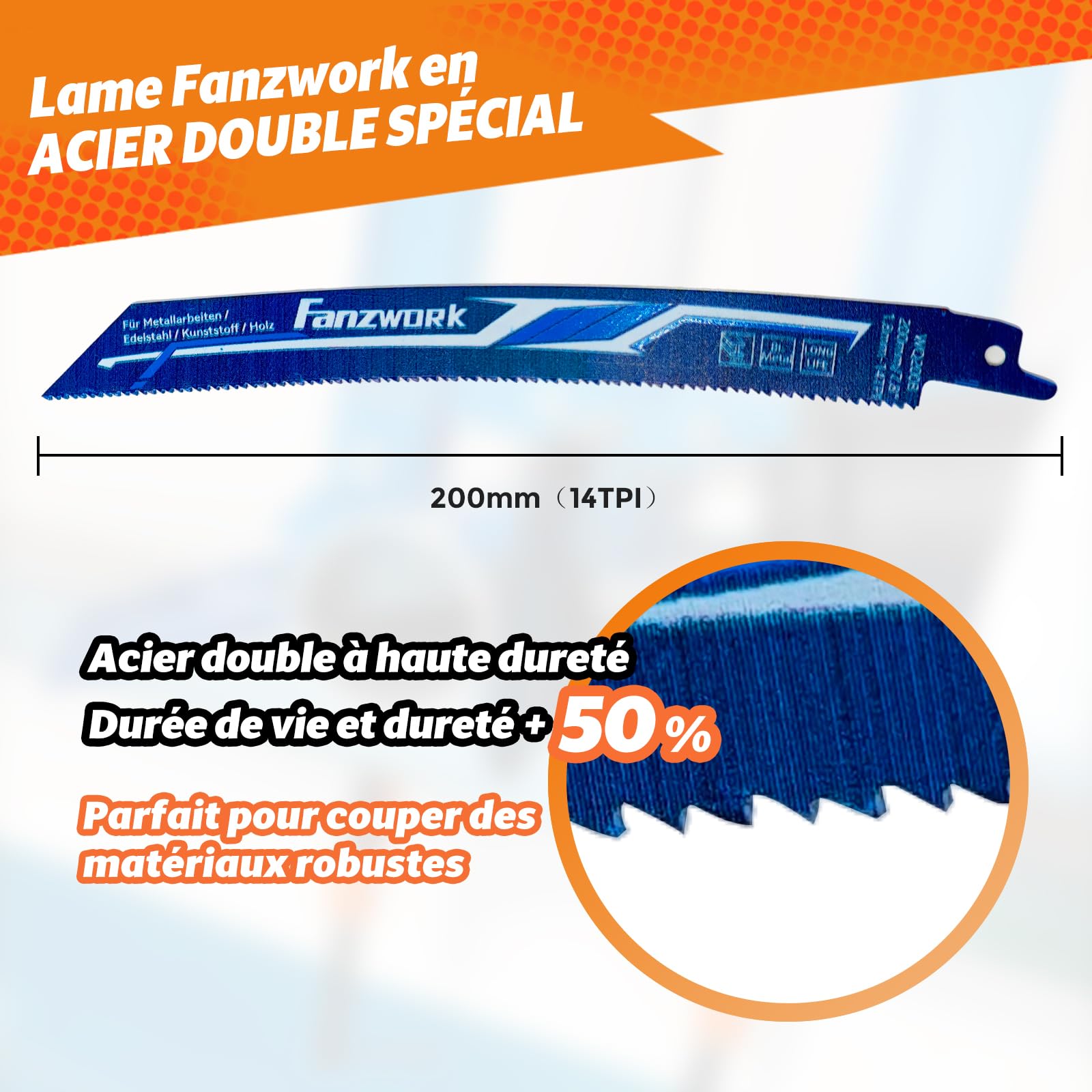 FANZWORK Scie sabre électrique 1100W – Scie alternative avec 0–2500 SPM, LED, Lame Incluse, Câble de 4 m – Pour le bois, le Métal et le Plastique, etc. – Changement de lame sans outil