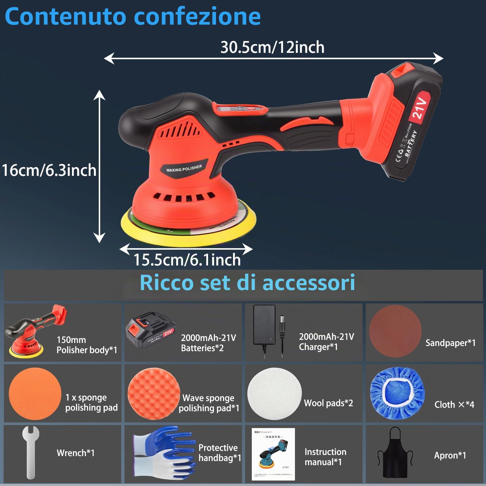 21V Lucidatrice Auto a Batteria,Lucidatrice Rotorbitale Professionale con 2 Batterie al Litio 2000mAh,8 Velocità Regolabili 2500-6300 RPM per Lucidatura,Pulizia e Ceratura Auto,Kit con 17 Accessori