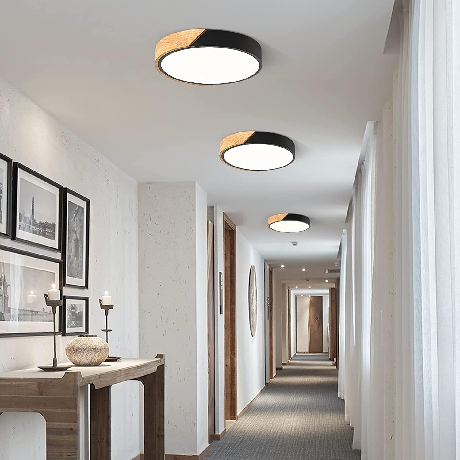 12 Inch Wood Flush Mount Ceiling Light Fixtures, 2400LM Round Flat LED Ceiling Light, 4500K Close to Ceiling Light Fixtures, Minimalist Black Ceiling Lamp for Bedroom, Laundry Room