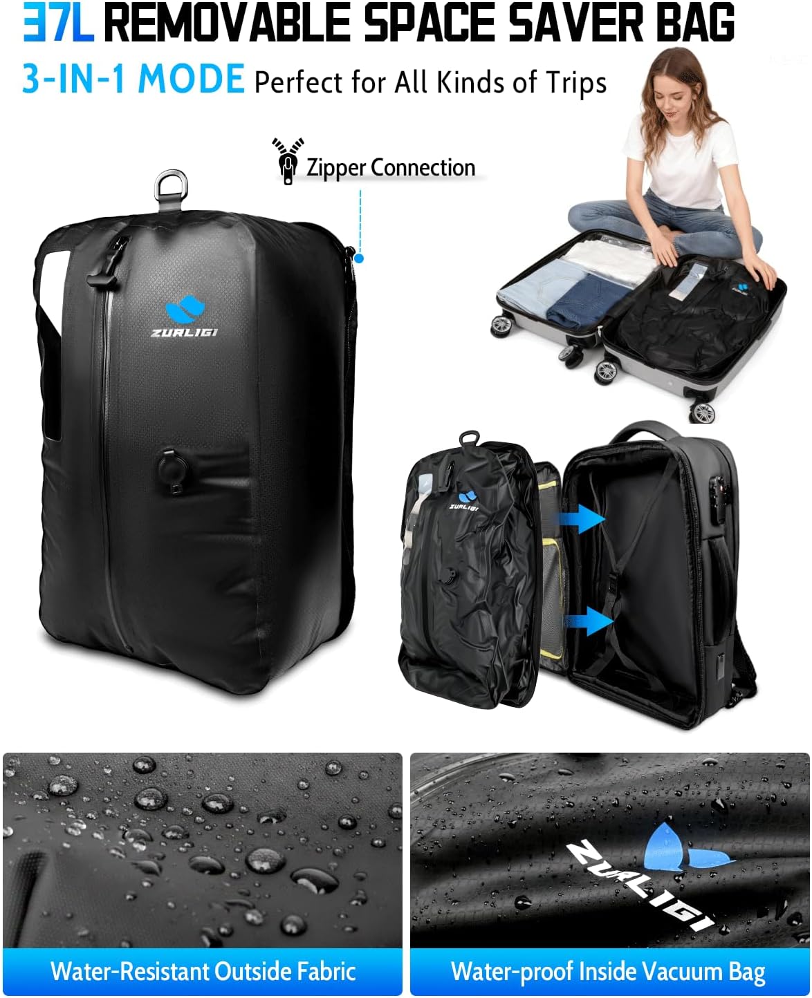 Zurligi Vacuum Backpack for Travel with Pump, 30-70L Expandable Vacuum Seal Compression Backpack, Casual Daypack, TSA-Lock(Vacuum Flex, Black) - Image 3