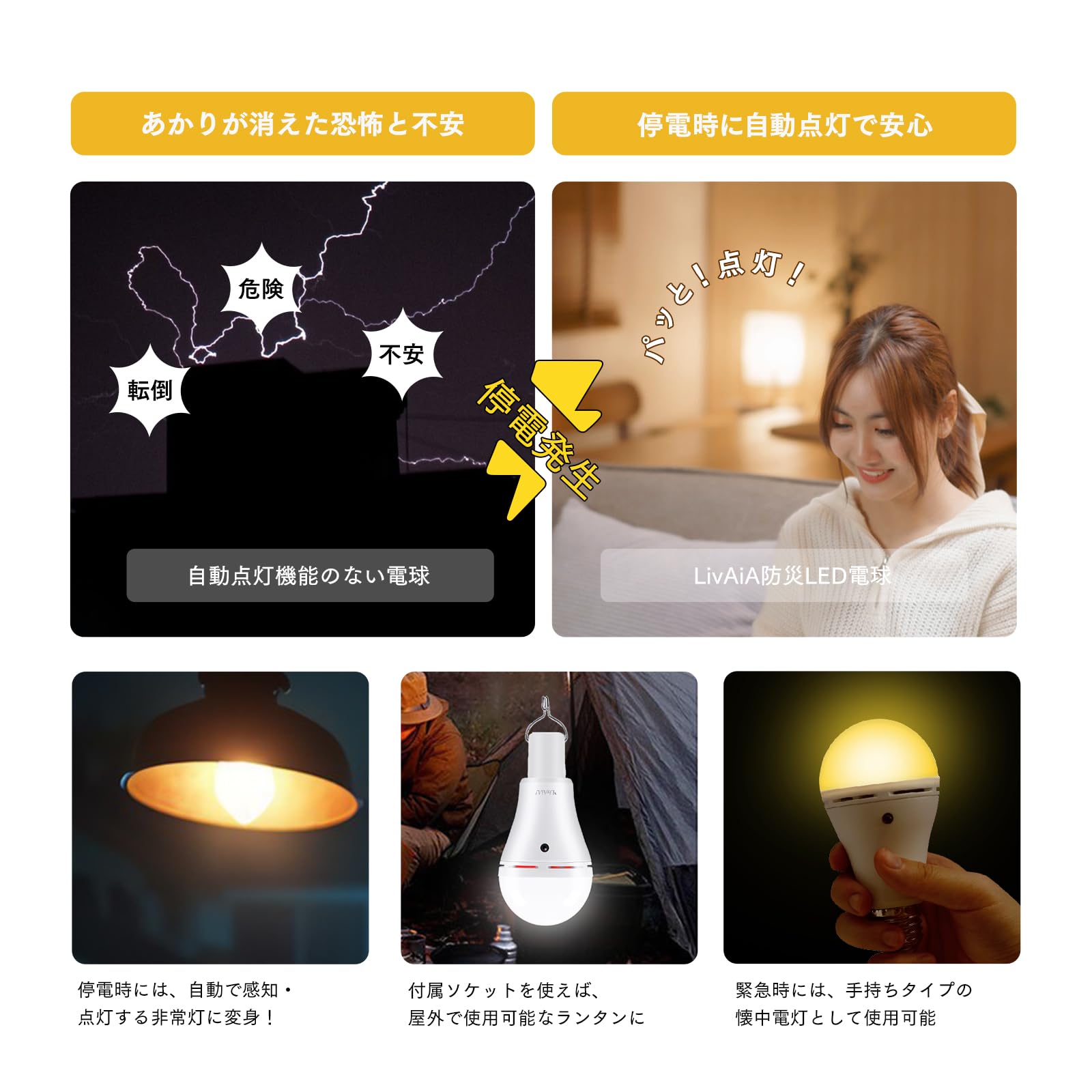 LivAiA! リモコン操作防災LED電球2個セット ?家族の安全を守る防災グッズ 充電式省エネ電球&自動充電 E26（E27兼用、海外使用可） 高演色CRI80＋簡単に取り付けられる 3色調色・9段調光 吊 Amazon | LivAiA! リモコン操作防災LED電球2個セット ‍家族の安全を