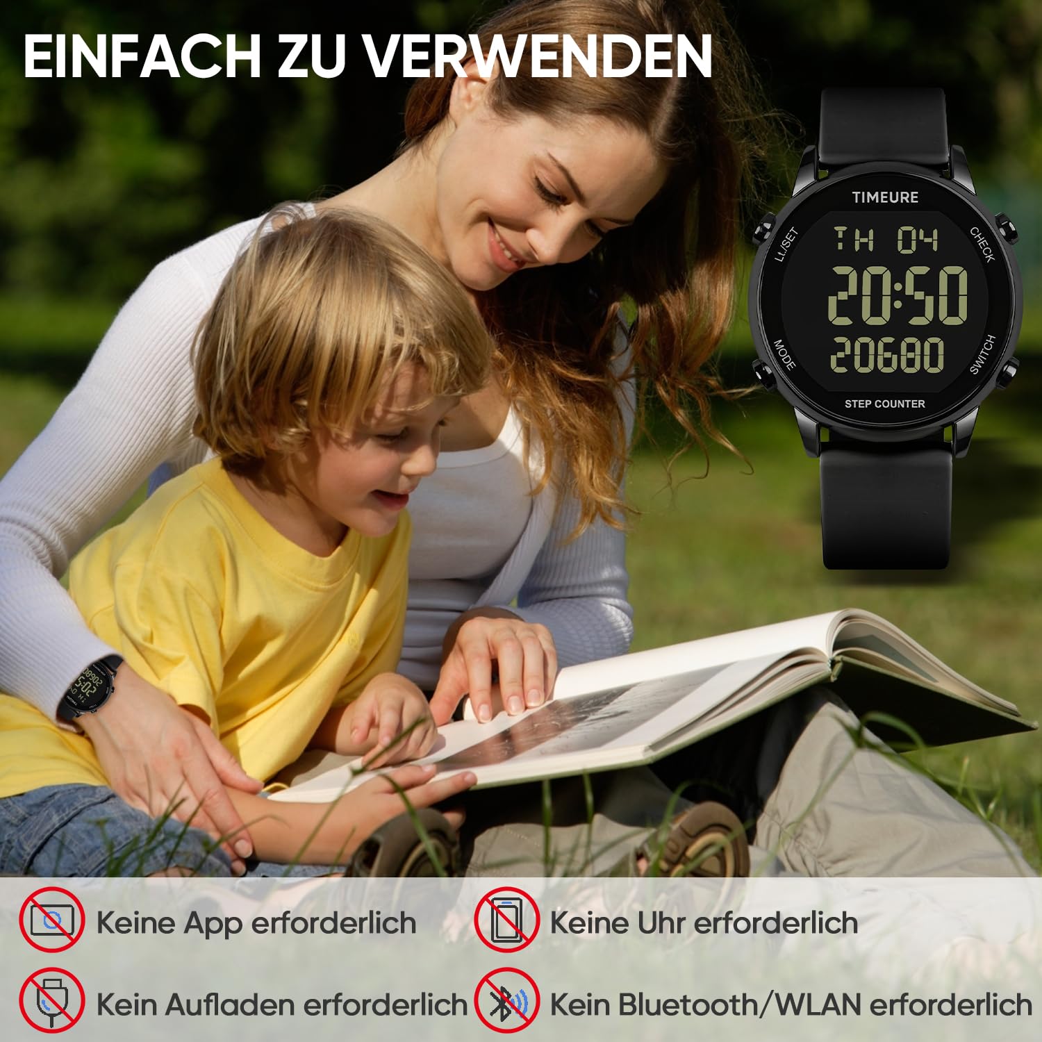 Schrittzähler Uhr für Damen, Schrittzähler zum Gehen, Keine App/Telefon erforderlich, wasserdichter Fitness-Kalorientracker, Distanzverfolgung, Alarm, große Digitalanzeige, Uhr, TU-2509