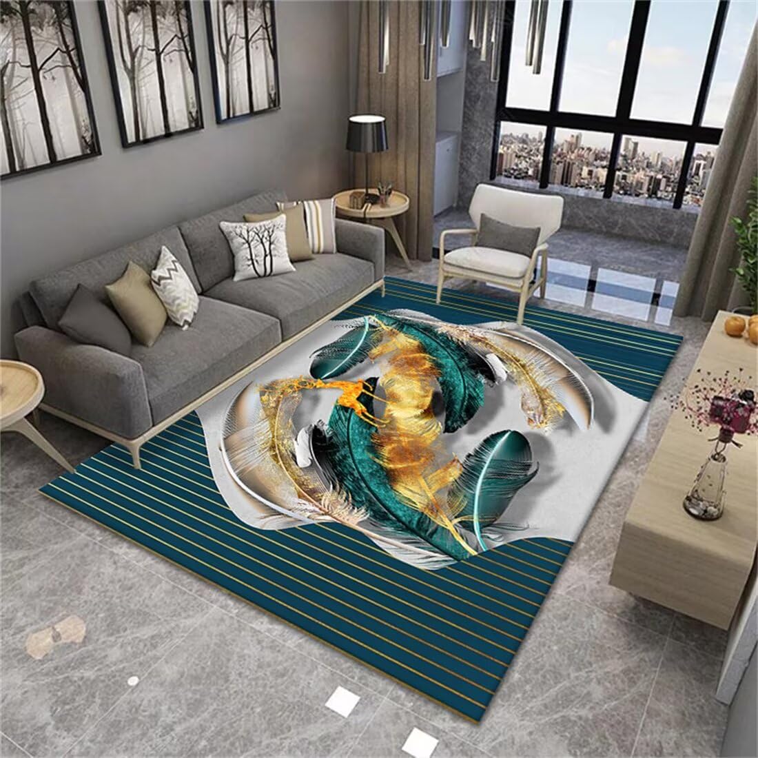 Tapis personnalisé imprimé plume verte en taille 50x70cm unique