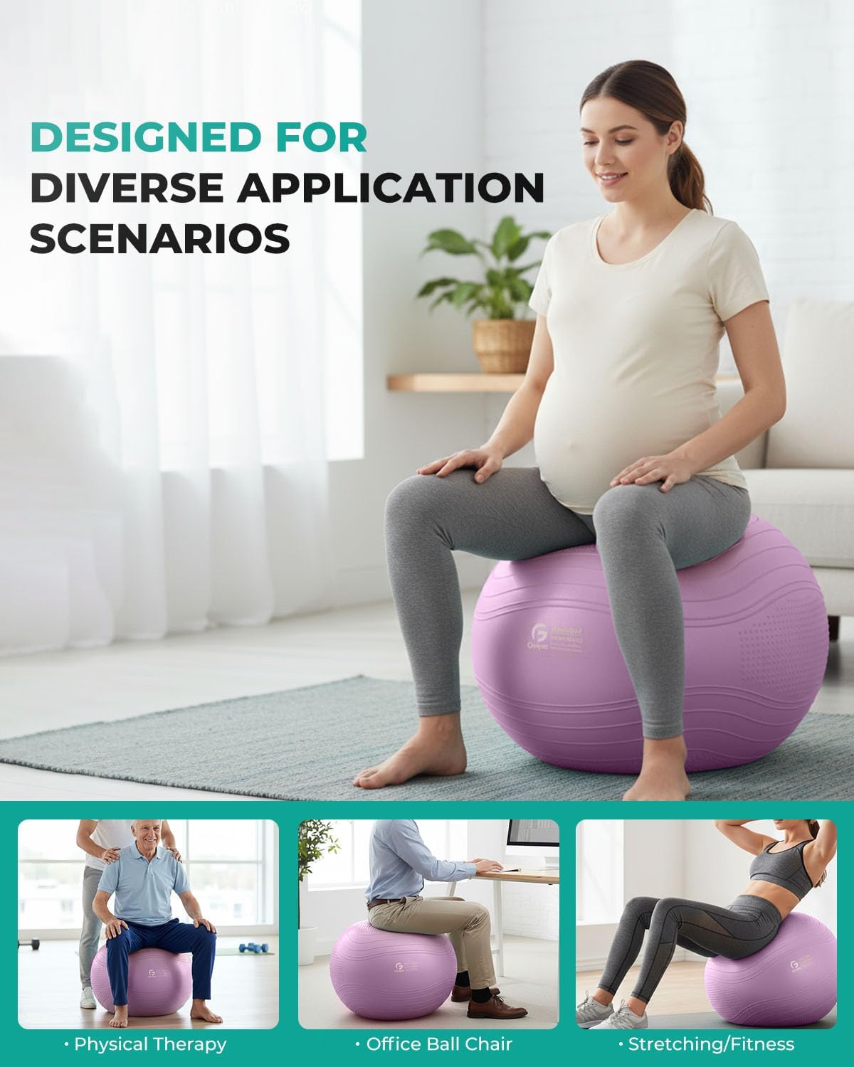 Gruper Yoga Ball, Extra Thick Exercise Ball for Workout Pregnancy Stability - 4 Sizes Anti Burst Balance Ball for Yoga, Pilates, Fitness, Birthing, Physical Therapy - Includes Pump