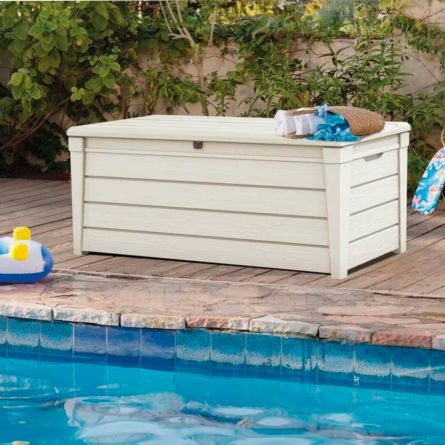 Avilia Sitzbank für den Außenbereich Creme – Doppelfunktion Stauraum und Sitz für 2 Personen – ideal für Garten und Terrasse – 454 l – aus wetterfestem Harz, Cremefarben