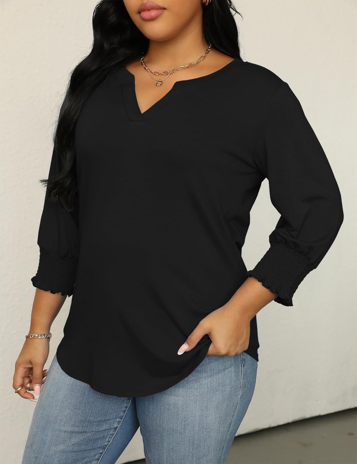 TFSDOD Womens Plus Size Tops 3/4 Sleeve Blouses Summer V Neck Shirts Smocked Cuffs Spring Outfits 1X-5X - Image 2