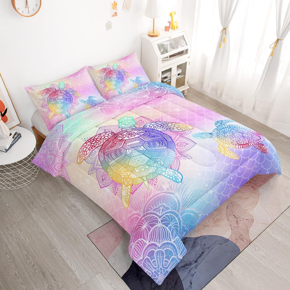 Suncloris Mermaid Fish Scales Comforter Set for Girls Kids Teens, Twin Size Rainbow Gradient Turtle Bedding Quilt with 2 Pastel Sea Turtle Pattern Pillowcases - 68" x 86" (Twin, 05)