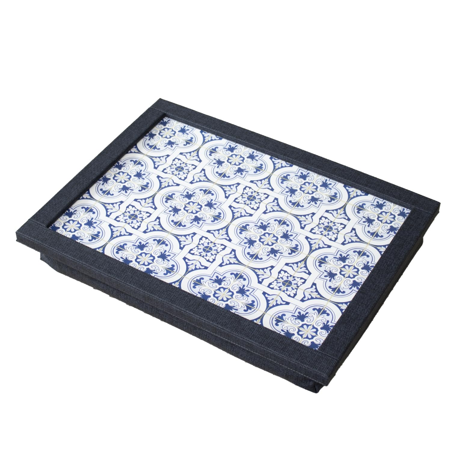 Darthome Blue, White Mediterranean Tile Cushioned Laptray 44X34cm Porto Blue Textured Faux Leather Food Tray