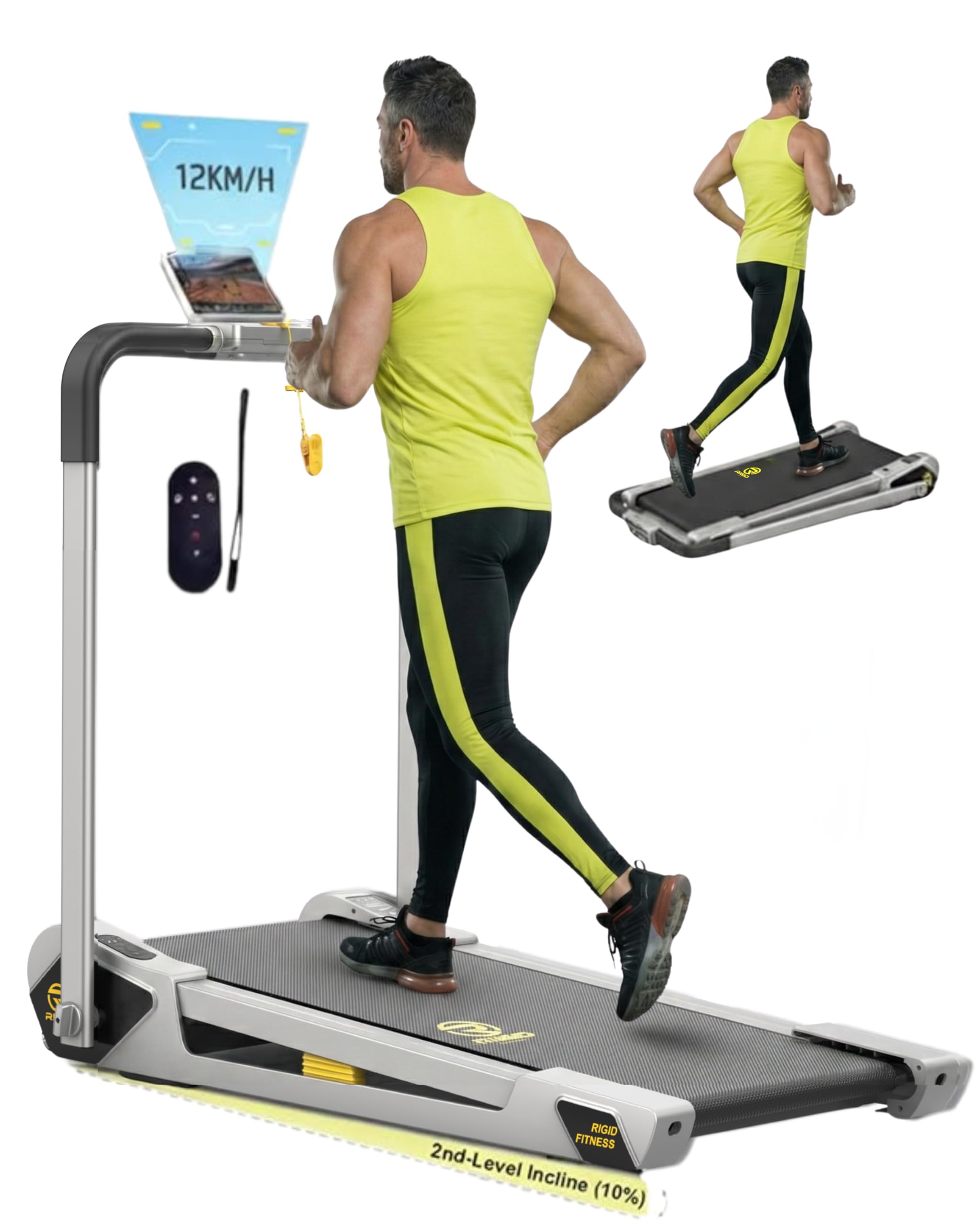 RIGID FITNESS Foldable Treadmill for Home & Office - Under Desk Walking Pad with Remote Control, Powerful & Quiet Motor, Ideal for Cardio, 220lbs/100kg Max Load, Inclined Jogging Pad (6 to 12Km/h)
