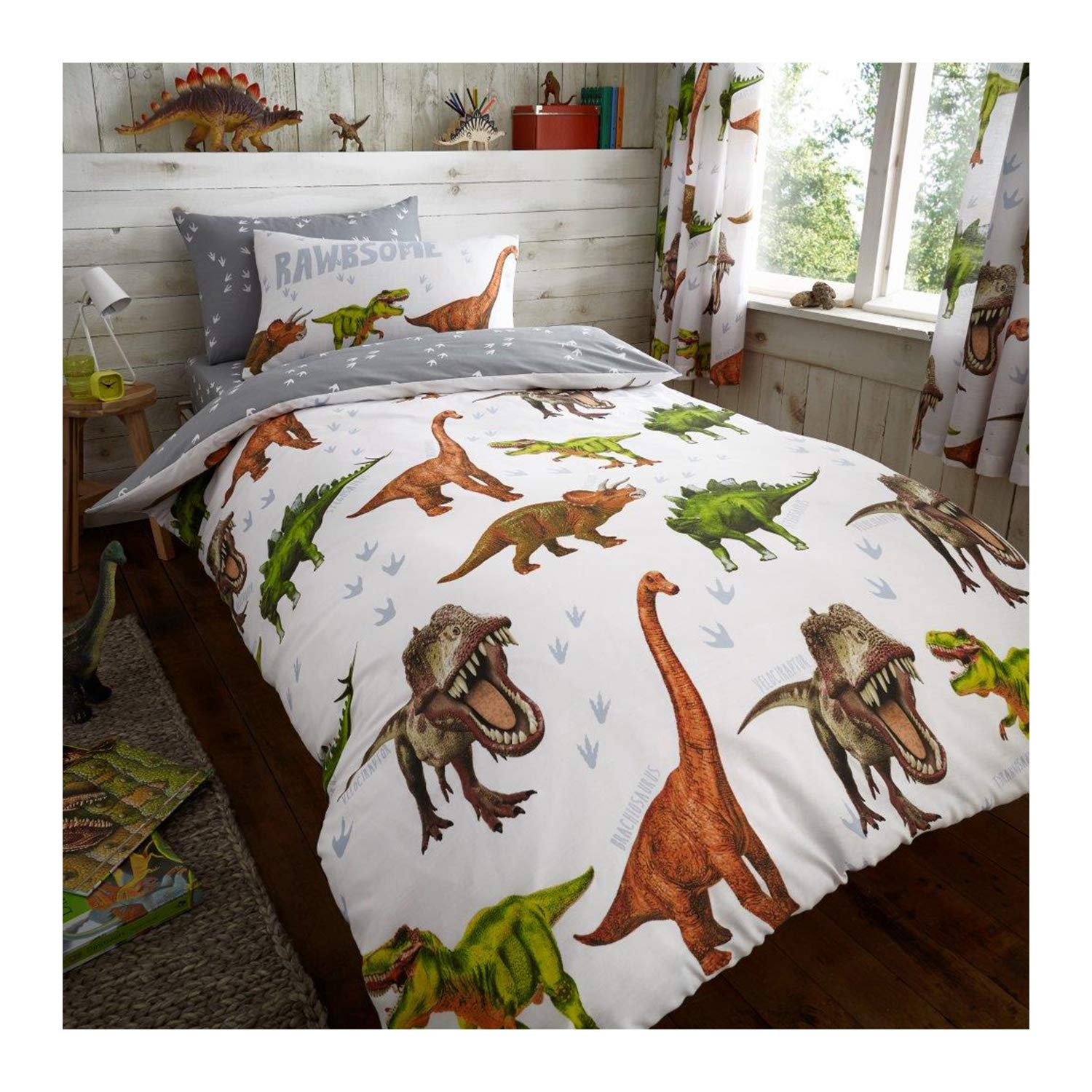 Lions Boys Multi Dinosaur Bedding Bed Duvet Cover Set With Pillowcase, Reversible Quilt Covers, Single, 137X200cm