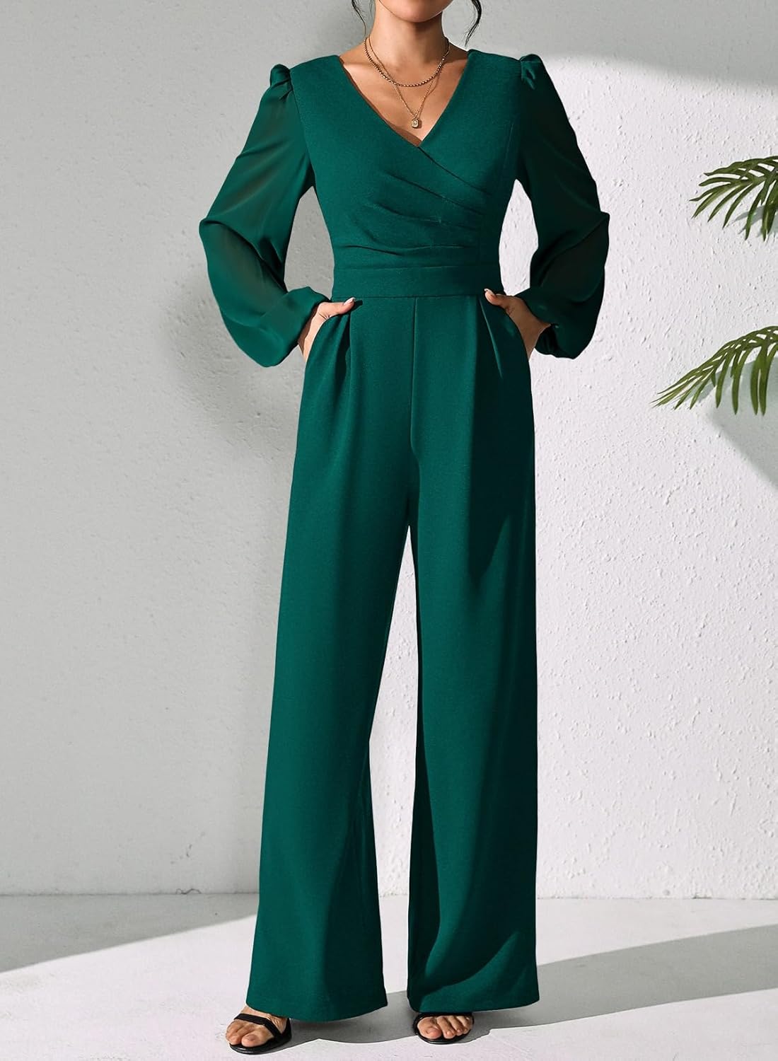 Pink Queen Jumpsuits for Women Dressy Patchwork Chiffon Sleeve V Neck Wide Leg Romper Holiday Party Outfits - Image 7