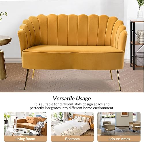 Miniatura 89 de HULALA HOME Moderno sofá biplaza de terciopelo con respaldo en forma de flor, cómodo sofá tapizado de 2 plazas con patas de metal dorado, sofá