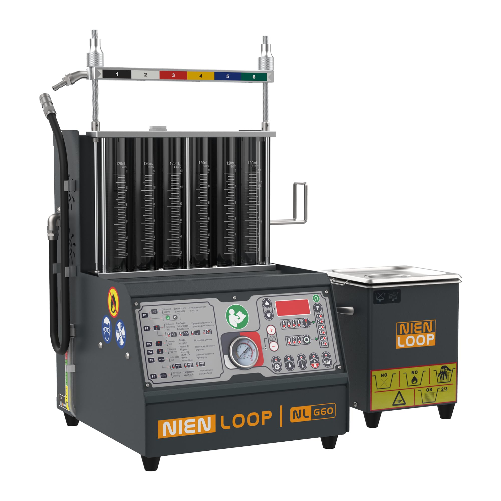 Nienloop GDI PFI EFI Fuel Injector Cleaner Tester Machine 6 Cylinders,Ultrasonic Cleaning Kit, 1600ml Cleaner Tank