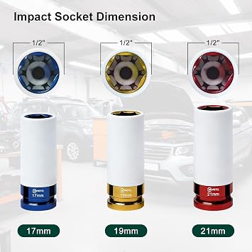 1/2 Lug Nut Socket 3-Piece Set, 17/19/21mm Thin Wall with Protective Covers