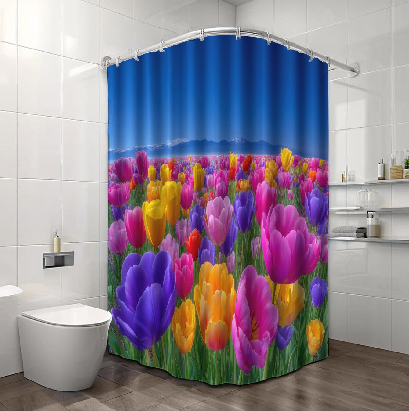 Rideau Douche,Rideau Baignoire Lavable en Machine Rideaux Douche Tissus Lavable Rideau De Baignoire Lavable pour Salle De Bain Domicile Baignoire Famille,Champs De Tulipes,200L X 240H Cm