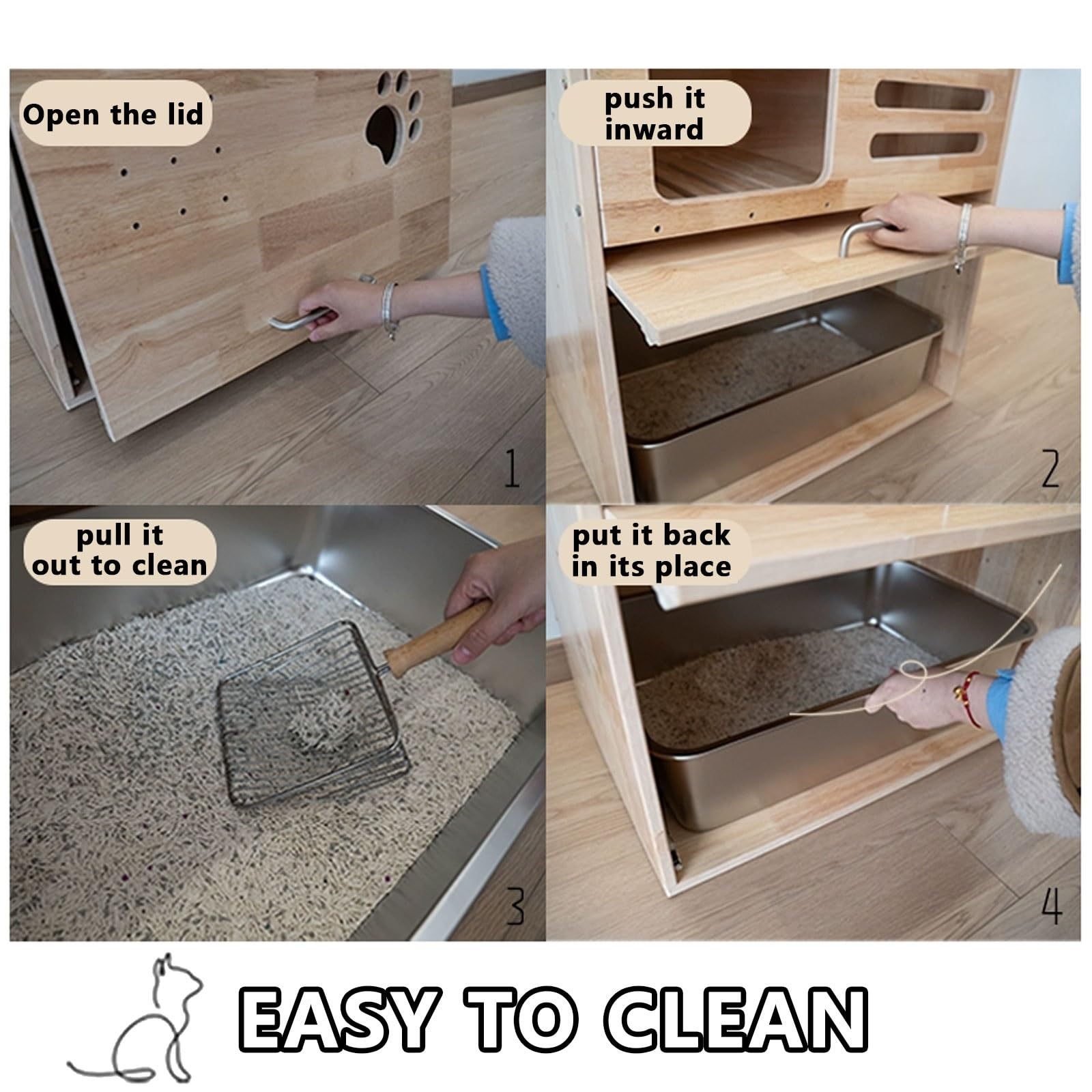 Mobile Gatto Multifunzione Cat Cabinet Litter Box Legno Di Caucciù Da 15 Mm Dotato Di Canale Di Drenaggio for La Sabbia for Gatti Con Porta E Divisorio Separato Step Armadietto(63 * 43 * 70cm)