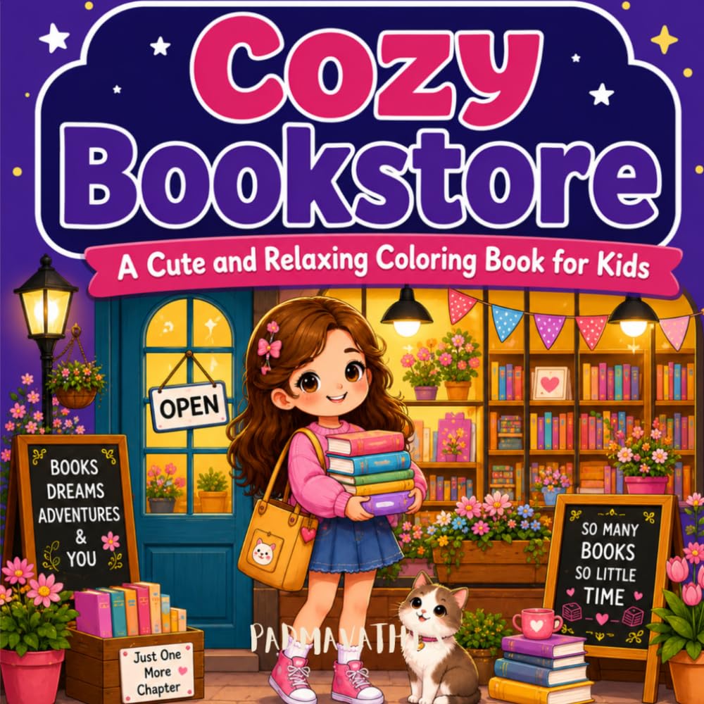 Cozy bookstore: A cute and relaxing coloring book for kids