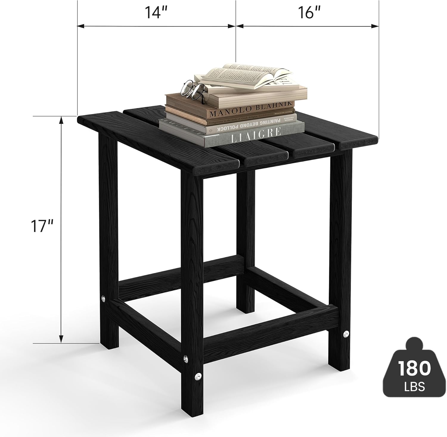 Kromax Outdoor Side Table, Adirondack Square Patio Table, Easy Maintenance & Weather Resistant, HDPE End Table for Backyard, Pool, Patio, Porch, Black