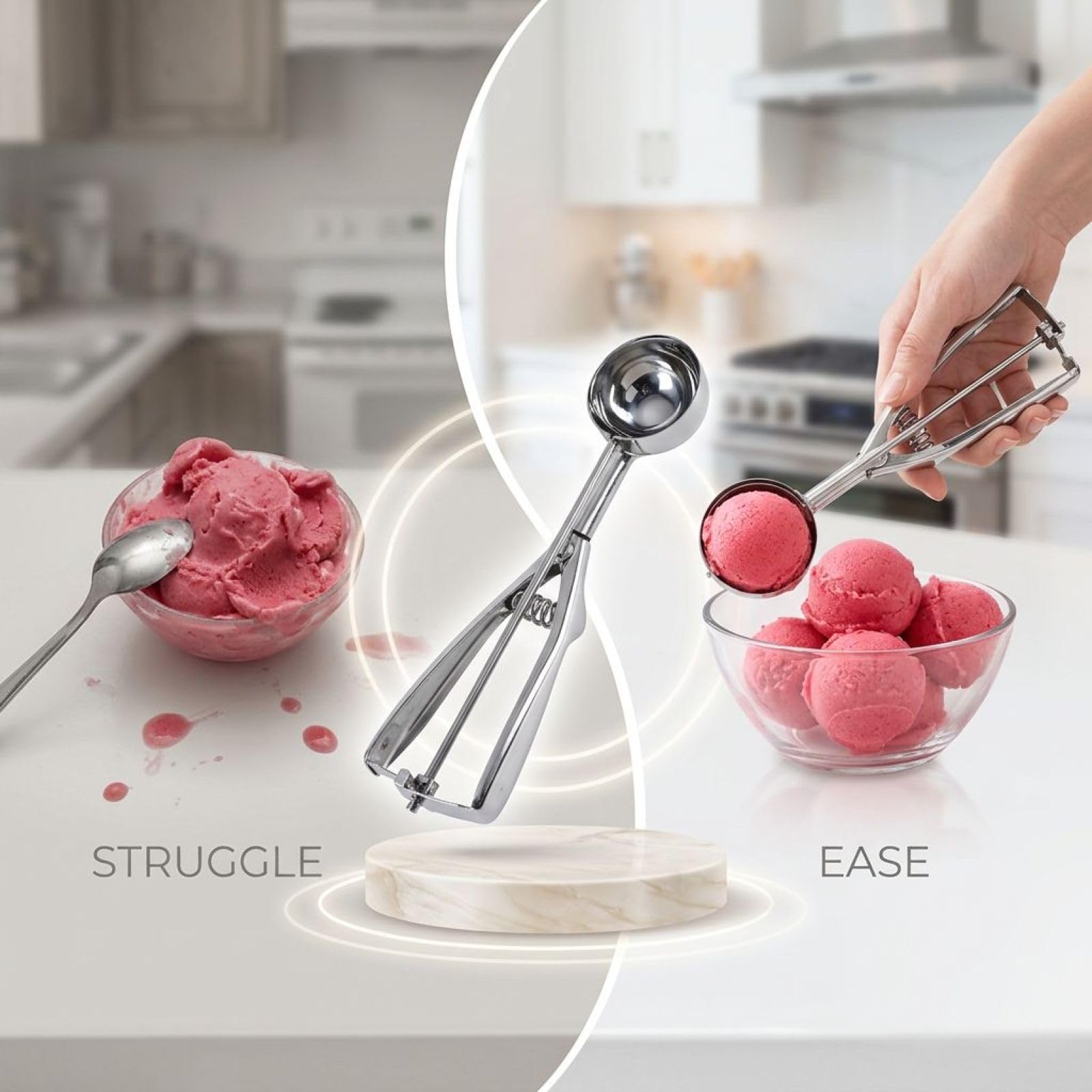 Lot de 3 cuillères à glace en acier inoxydable, grandes, moyennes et petites, cuillère à boules pour fruits, manche ergonomique pour glace, fruits et pâte à cookies, facile à nettoyer