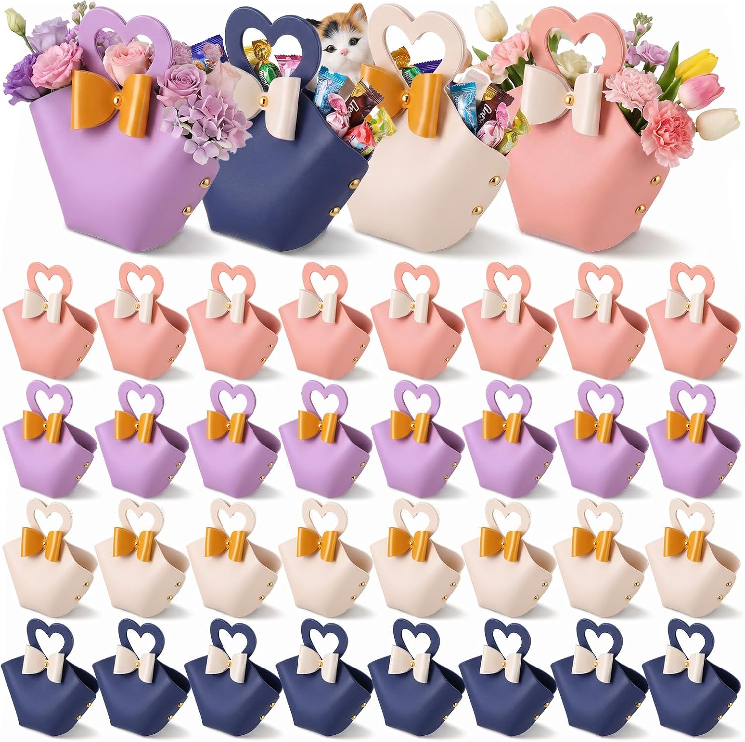 Limbeuuu 32 Pcs PU Leather Heart Purse Gift Bags with Handles for Wedding Birthday Party Favor Candy Boxes Treat Goodie Bags in Dark Blue Pink Ivory Purple
