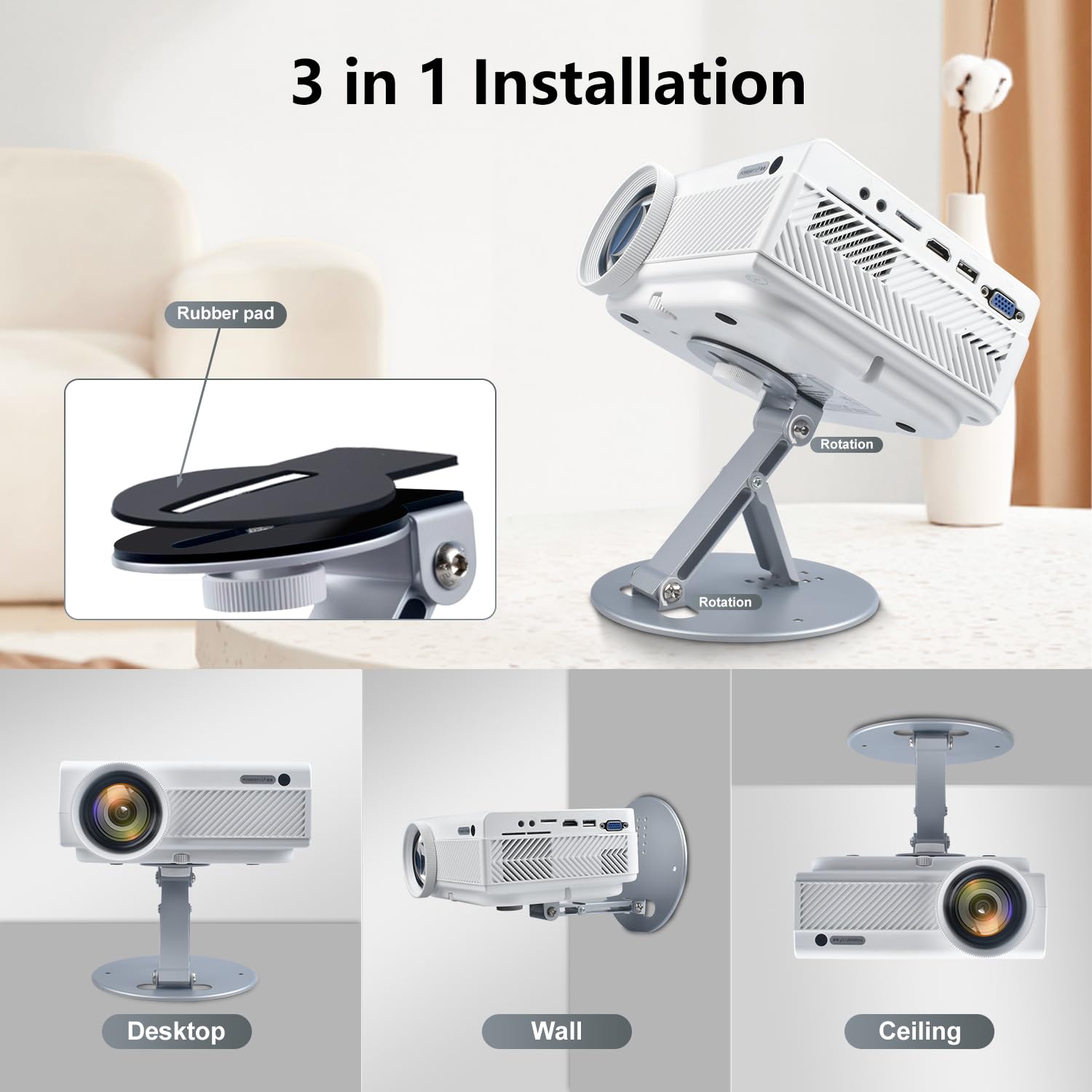 ZDSSY Supporto per proiettore, girevole a 180°, per proiettore con interfaccia a vite da 1/4" (6 mm), supporto di proiezione per proiettore da parete