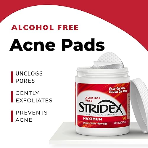 Miniatura 3 de Stridex Almohadillas medicinales para el acné, máximo, 90 unidades, paquete de 3 toallitas de limpieza facial, almohadillas faciales sin alcohol,
