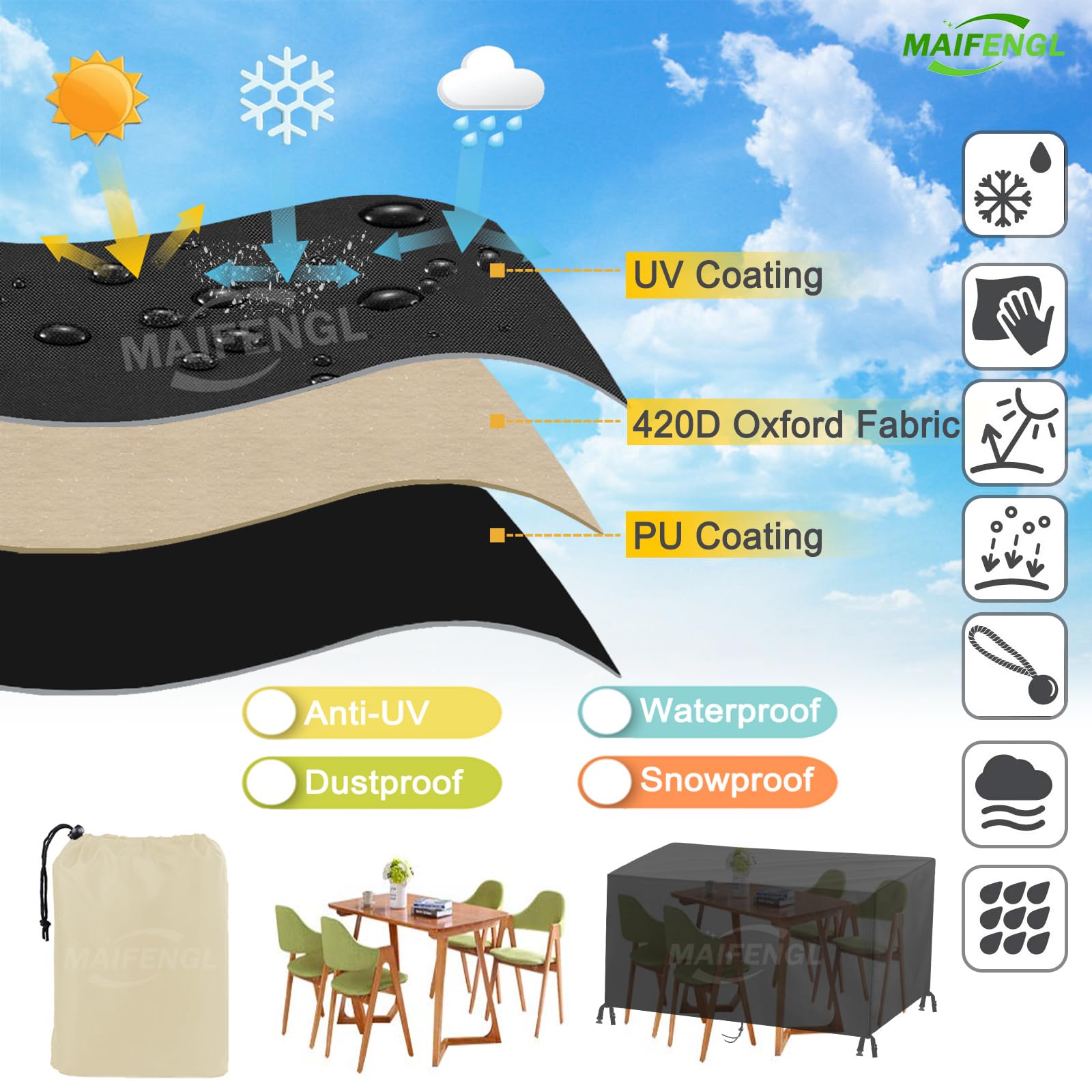 Fundas para Muebles de Jardín, Impermeable Anti-UV Cubierta Mesa Exterior 420D Oxford Rectangular Funda Protección para Muebles-BeigeBrown||160x95x75cm/63x37x30in