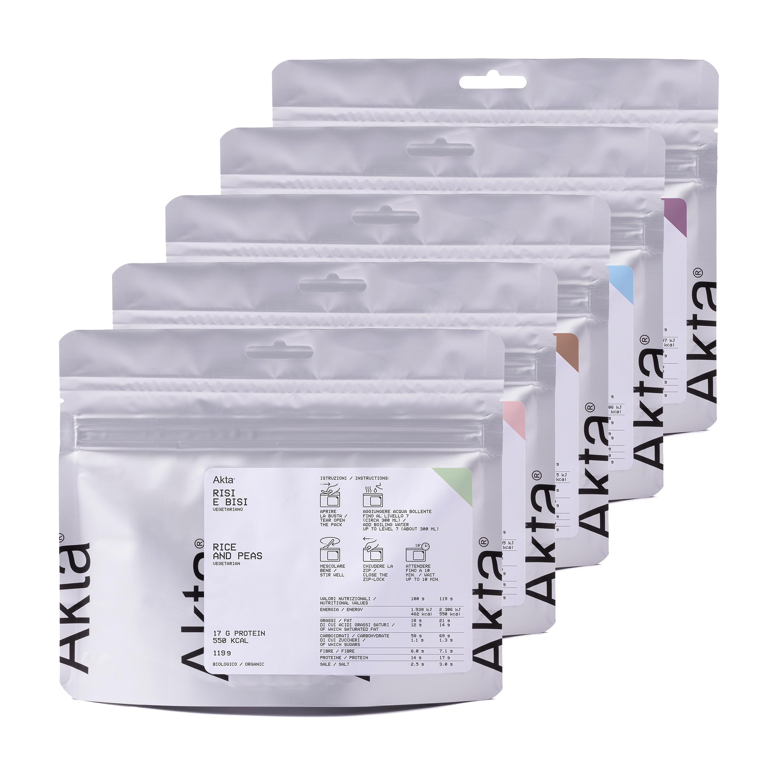 Akta - Set di 5 Ricette Italiane Pronte, Cibi liofilizzati, Bundle Completo con Polenta, Pasta, Riso e Legumi, 100% Ingredienti Italiani