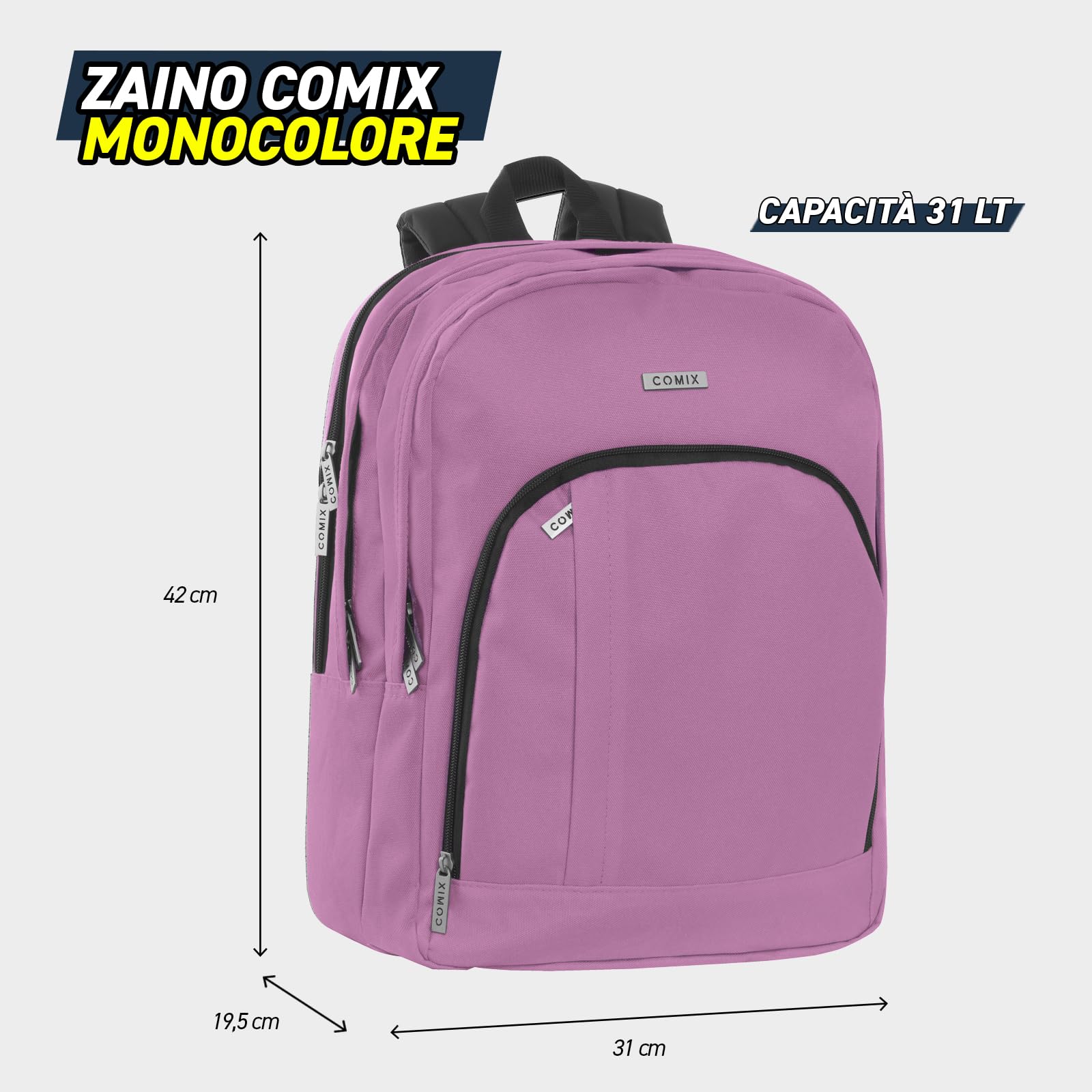 COMIX - Zaino Scuola Media, Elementare, Superiore, Vano Principale con Parapioggia, Tasca Frontale e Laterale, Schienale Imbottito e Rinforzato, Spallacci Regolabili, Retro Antiscivolo, 30x40Hx17cm