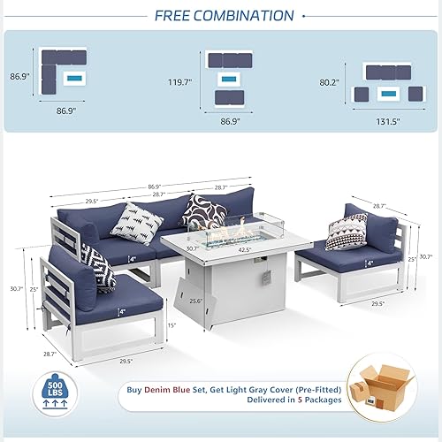 Miniatura 328 de NICESOUL 7 Piece White Powder-Coated Aluminum Patio Furniture with Fire Pit Table, 29 Inch Extra Wide Outdoor Sectional Sofa for 6, High-End Heavy