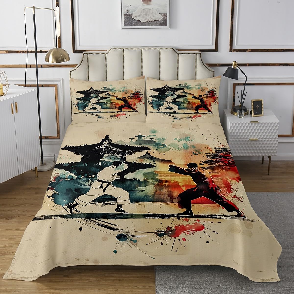 Castle Fairy Japanese Karate Bedspread Twin Size Traditional Kung Fu Theme Coverlet Set Kids Room Present Vintage Tower Bedroom Decor Bedding Set Watercolor Tie Dye Bedding with 1 Pillowcase